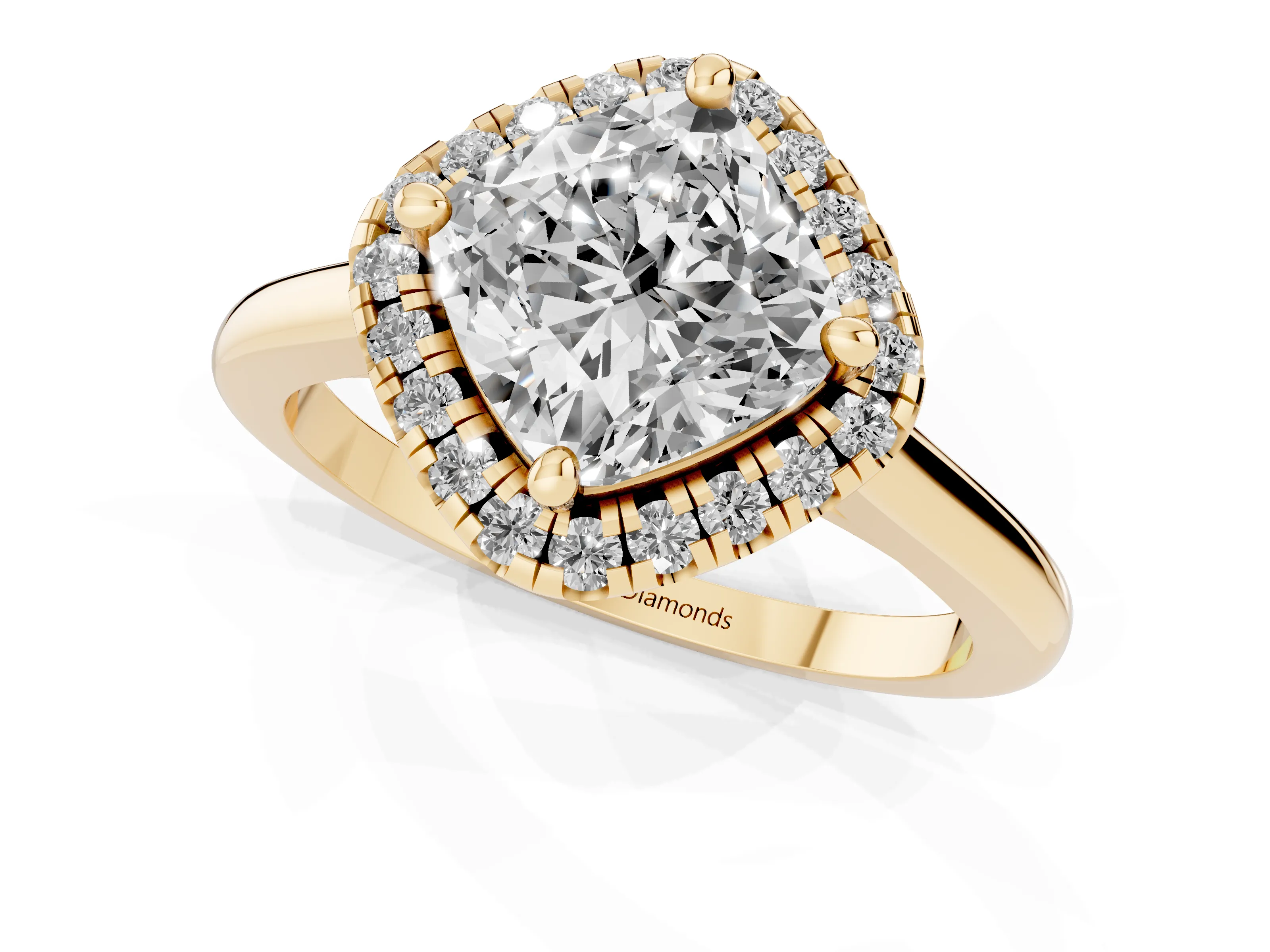 Cushion Cut Diamond Halo Engagement Ring Set in Yellow gold with Pavé Band and Rising Shoulders