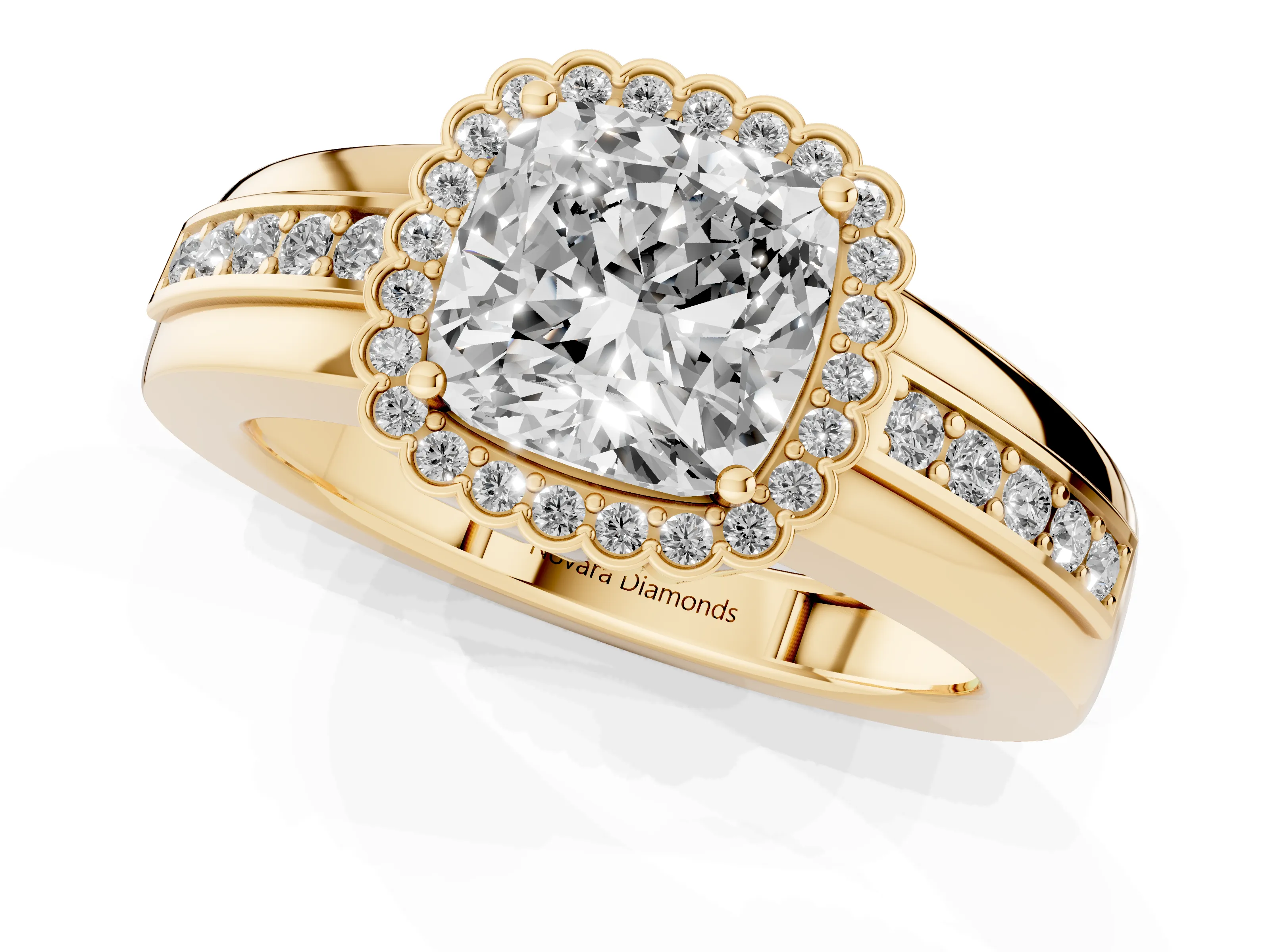 Cushion Cut Diamond Halo Prong Ring Set in Yellow gold with Pavé Band