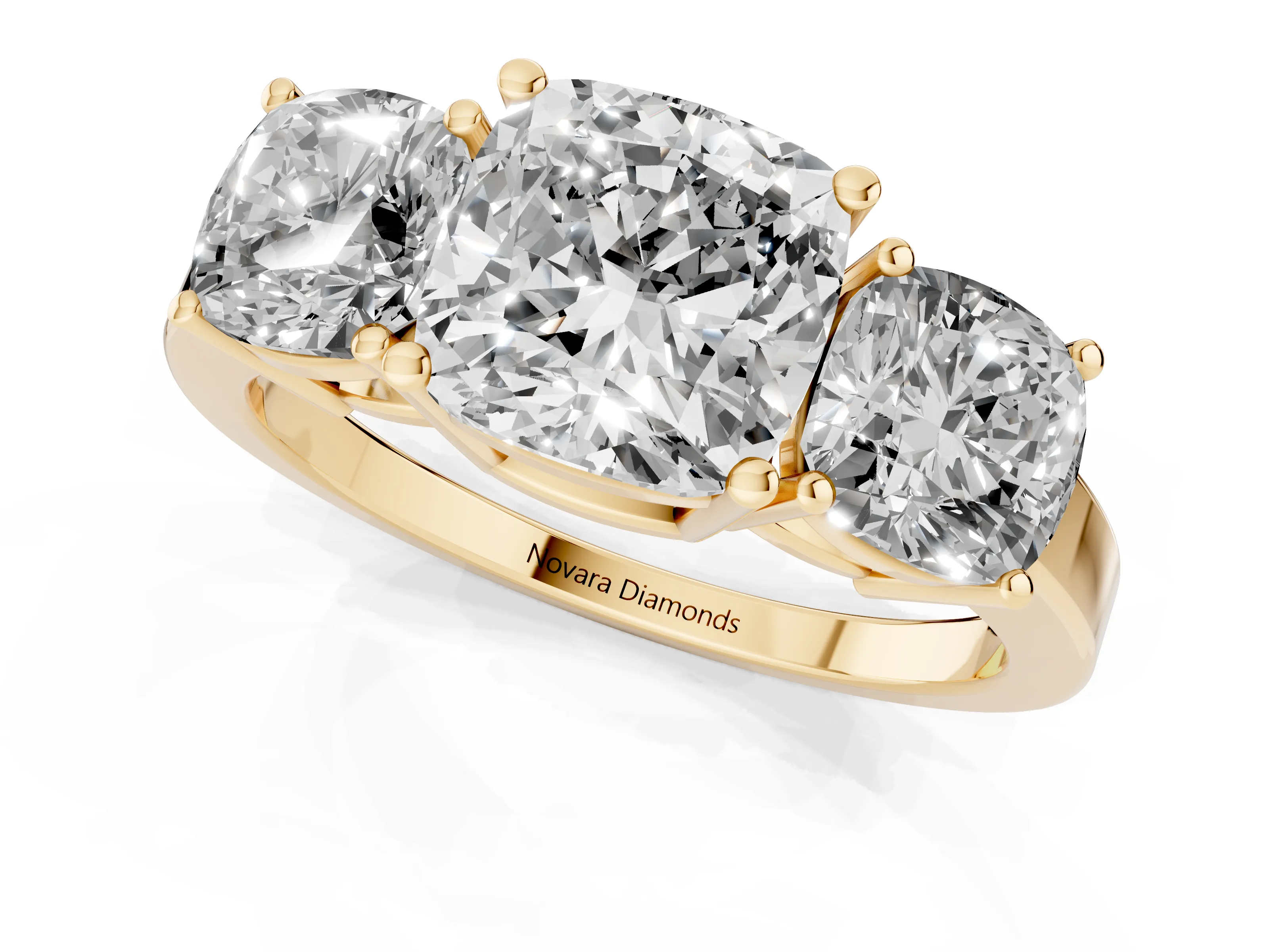 Cushion Cut Diamond Three-Stone Engagement Ring Set in Yellow gold with Flat Band