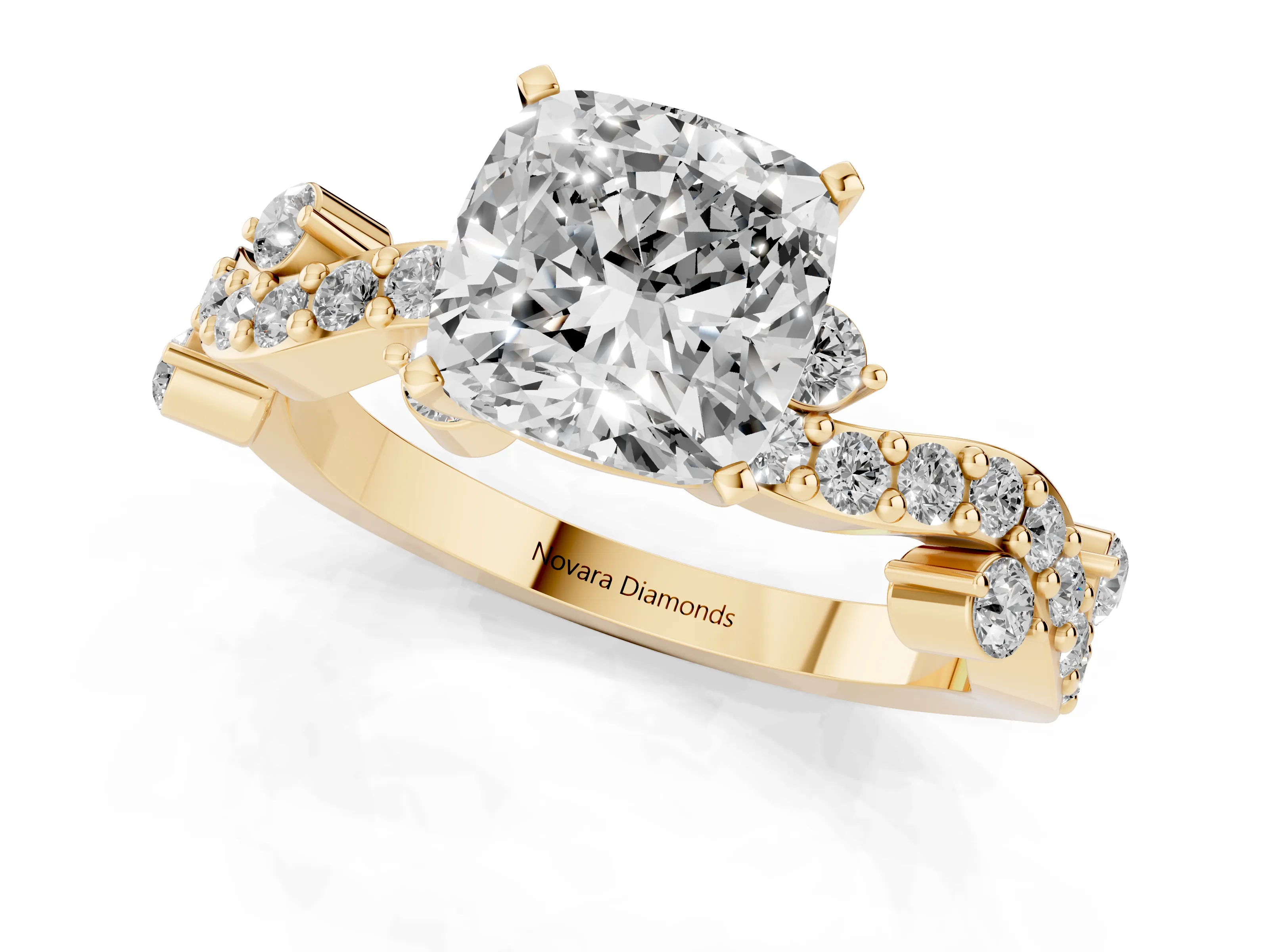 Cushion Cut Diamond Solitaire Twisted Band Set in Yellow gold with Pavé Setting – second view