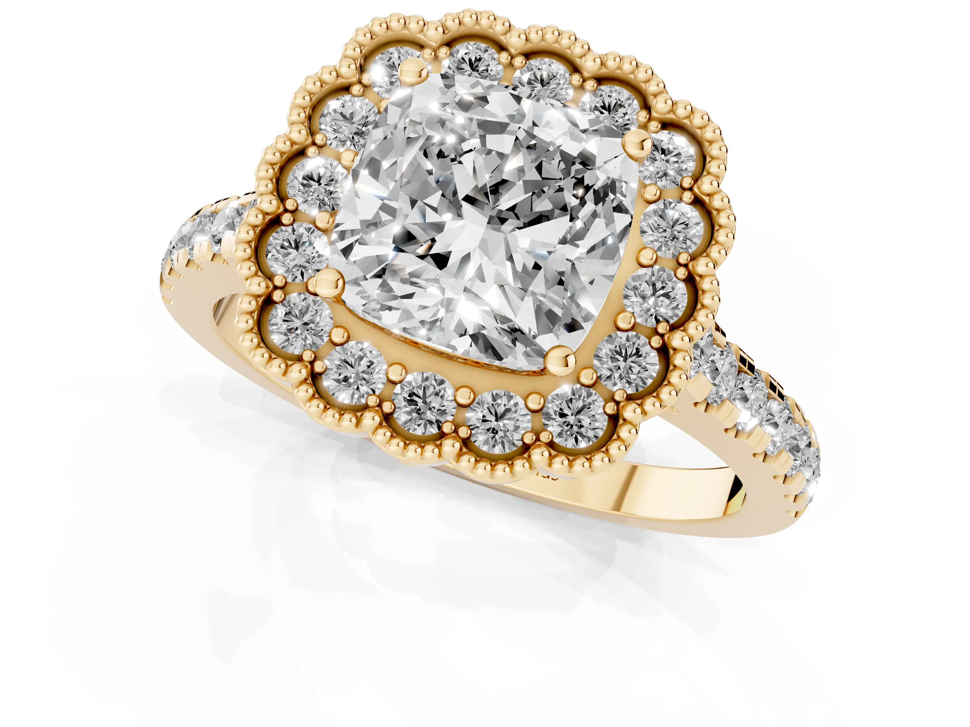 Cushion Cut Diamond Milgrain Floral Halo Engagement Ring Set in Yellow gold with Pavé Band