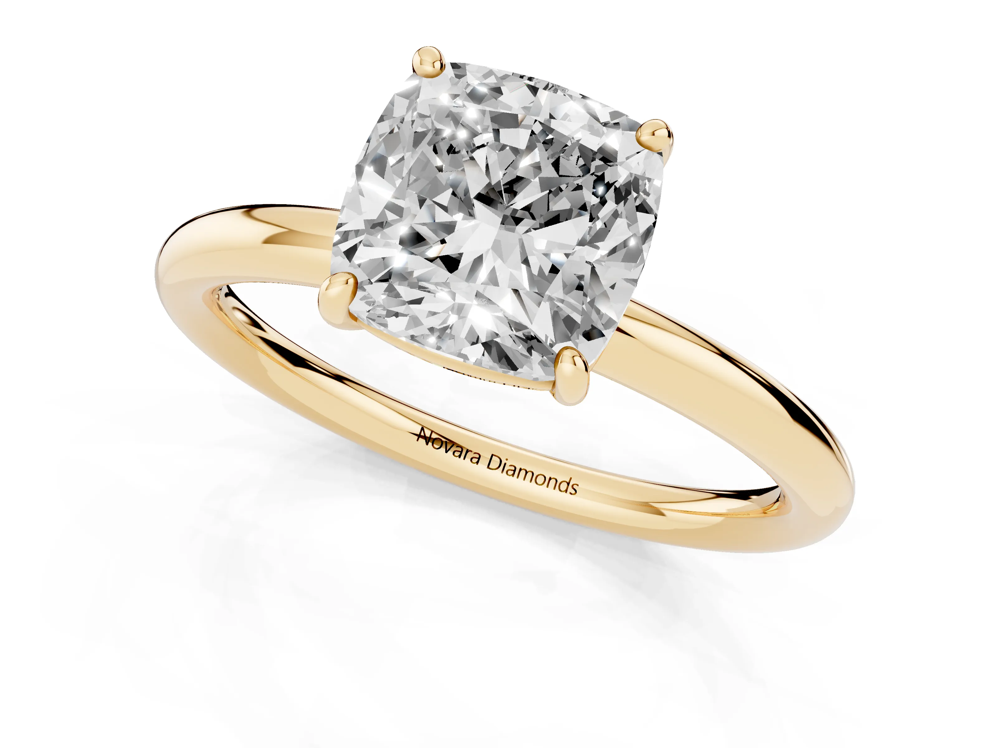 Cushion Cut Diamond Solitaire Ring Set in Yellow gold with Prong Setting on a Polished Plain Band