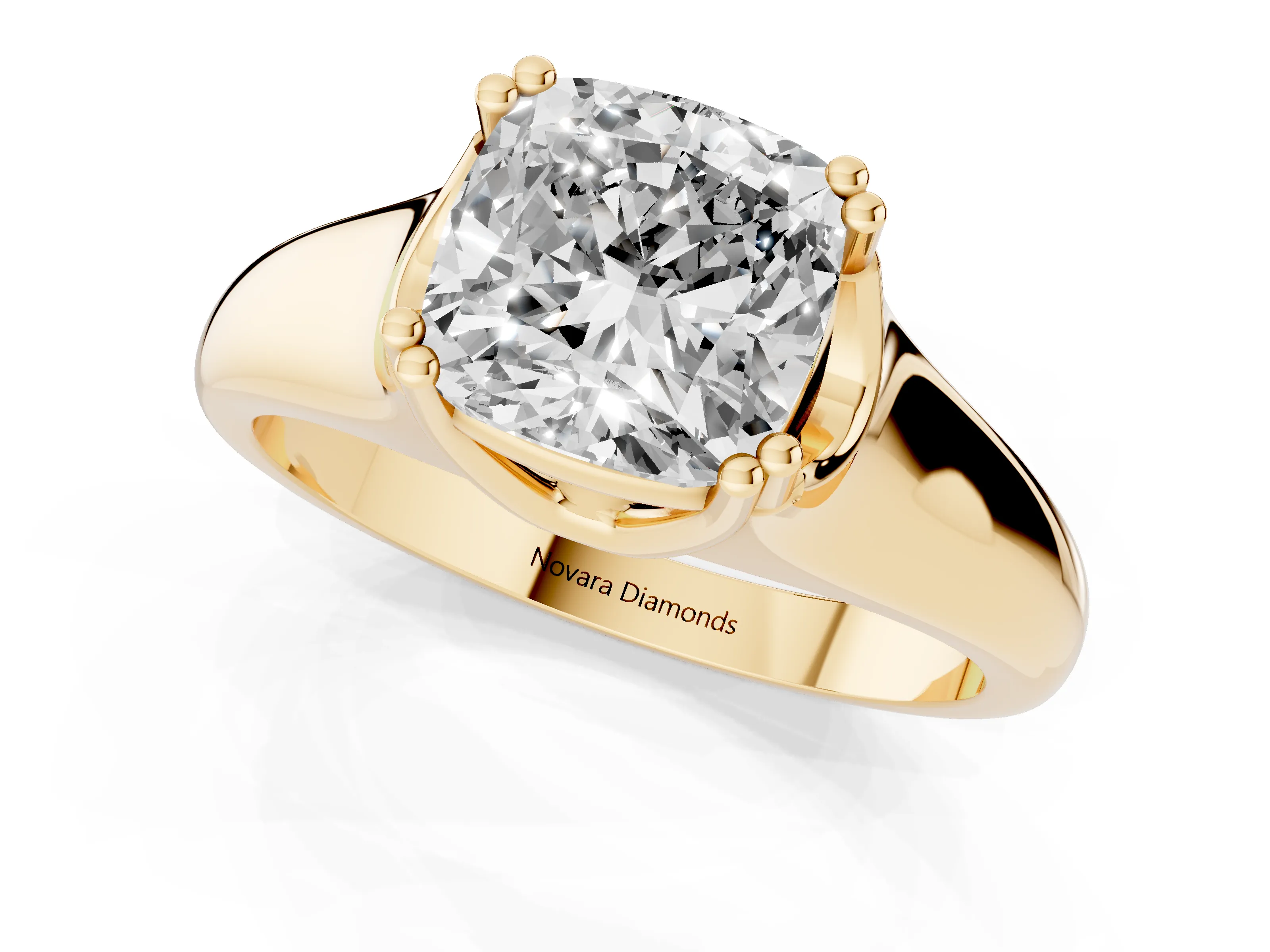 Cushion Cut Diamond Solitaire Ring Set in Yellow gold with Wide Band and Prong Setting