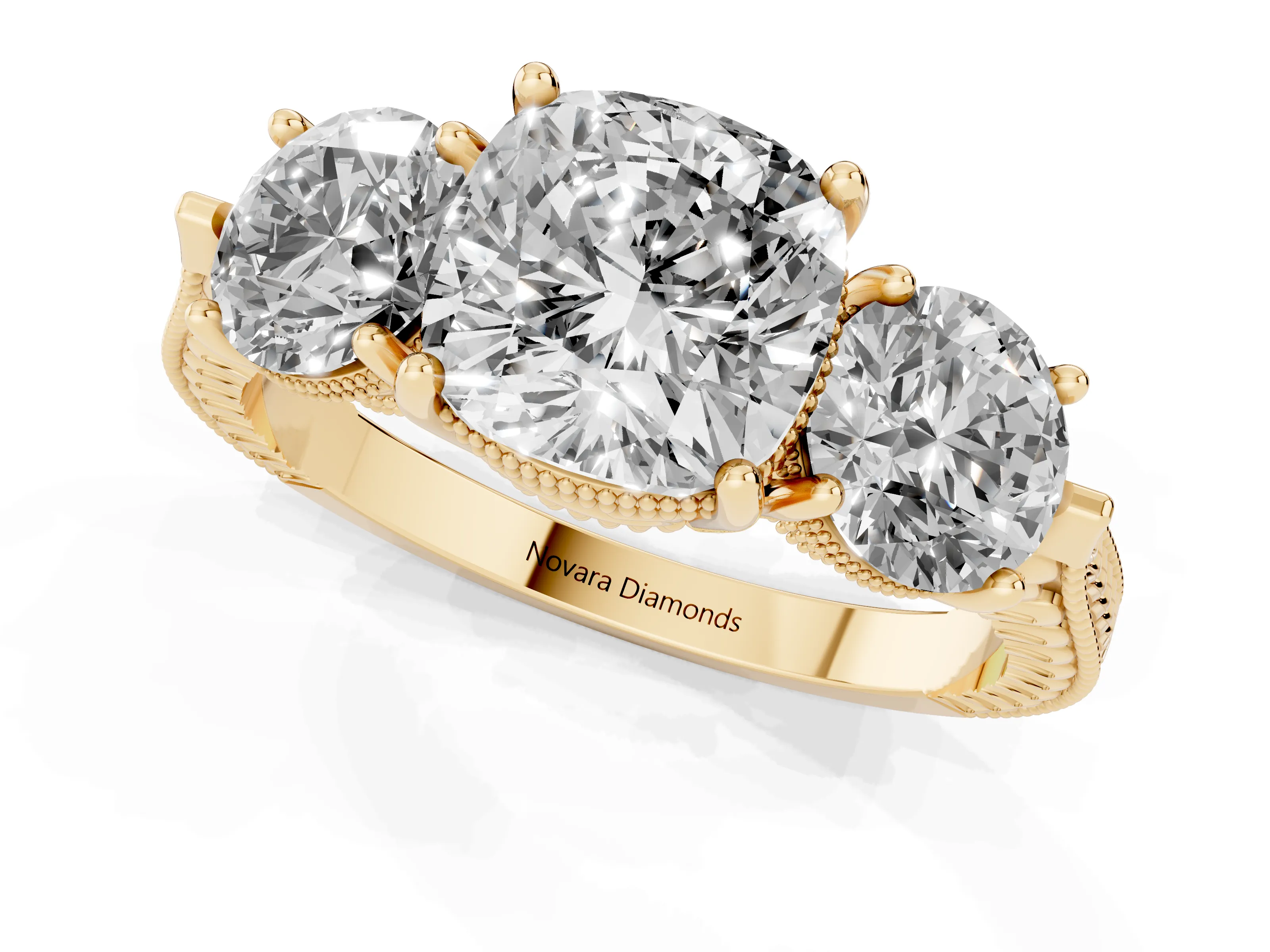 Cushion Cut Diamond Three-Stone Ring Set in Yellow gold with Milgrain Band – second view