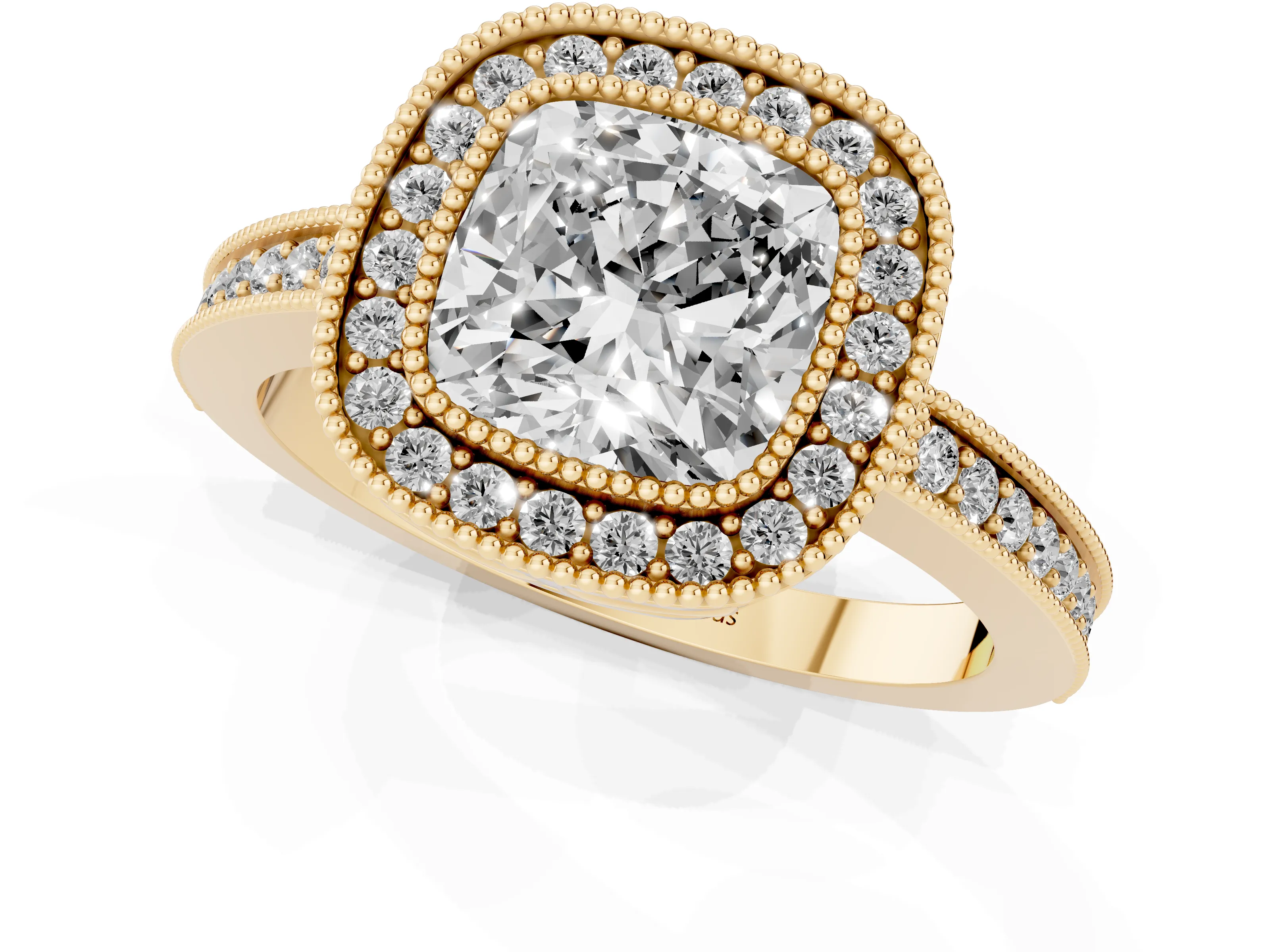 Cushion Cut Diamond Round Halo Ring Set in Yellow gold with Pavé Band