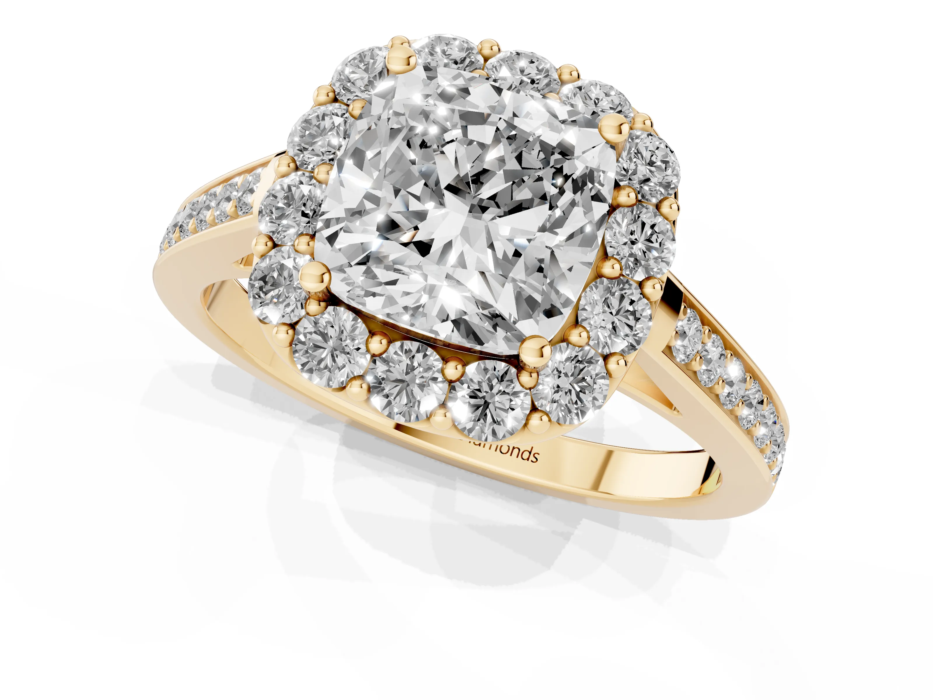 Cushion Cut Diamond Floral Halo Ring Set in Yellow gold with Pavé Band and Prong Setting – second view
