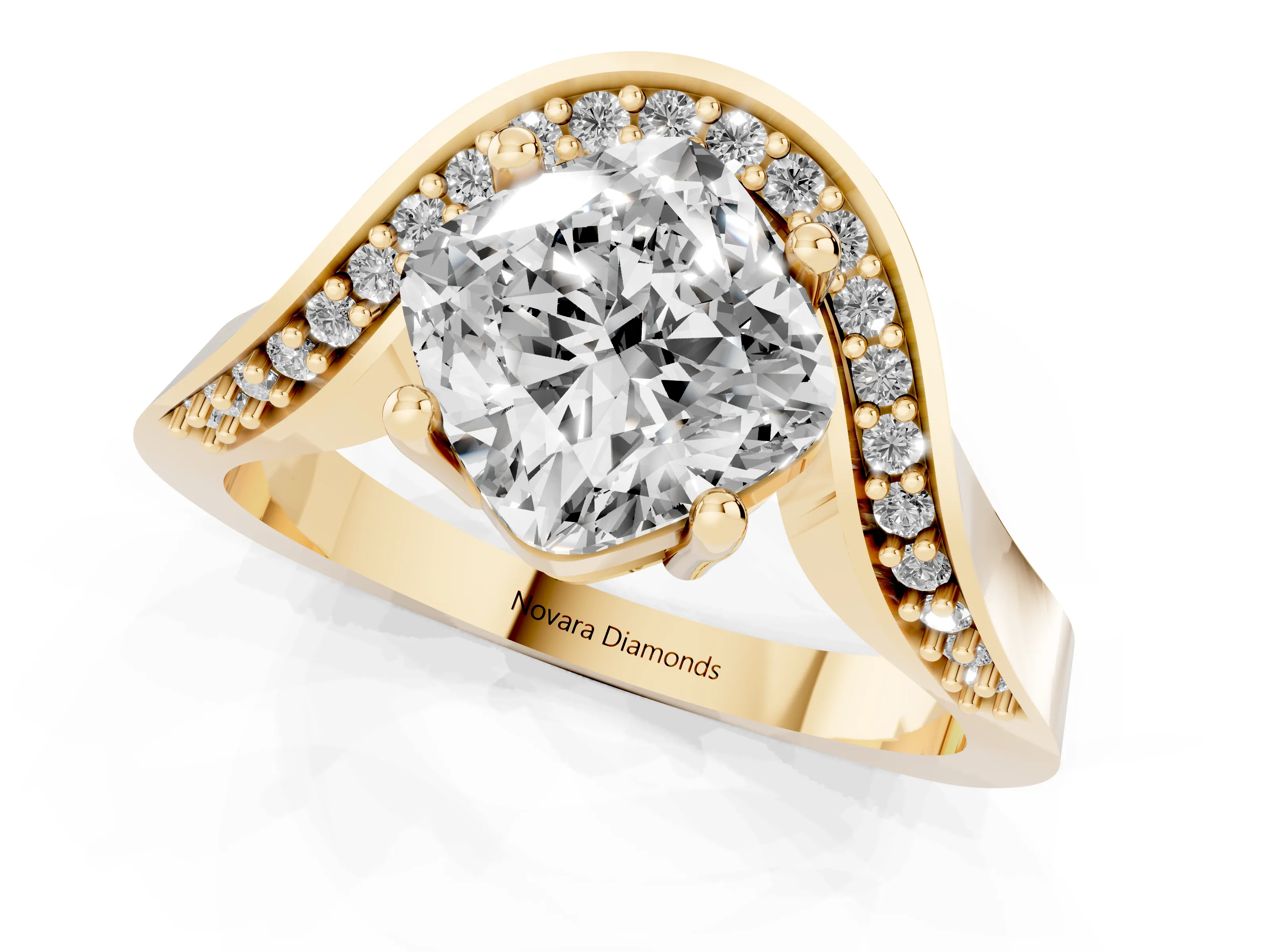 Cushion Cut Diamond Solitaire Engagement Ring Set in Yellow gold with Pavé Shoulders – second view