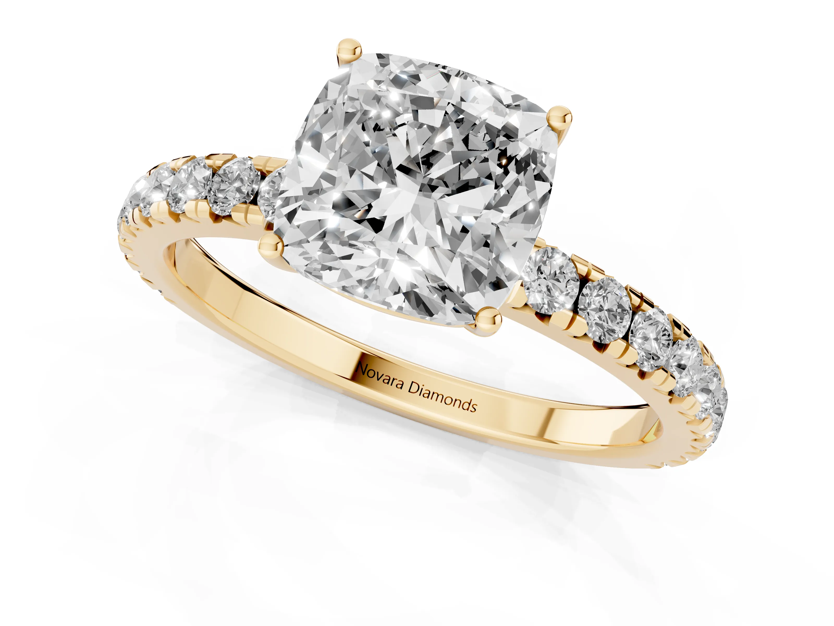 Cushion Cut Diamond Pavé Solitaire Engagement Ring Set in Yellow gold with Prong Setting