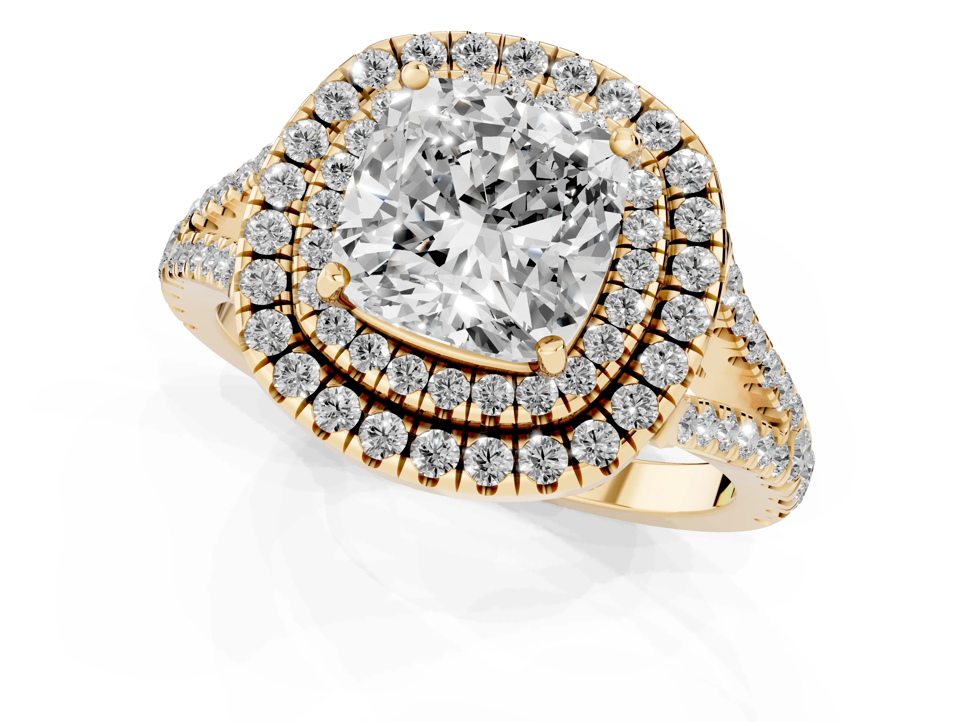Cushion Cut Diamond Double Halo Ring Set in Yellow gold with Pavé Band