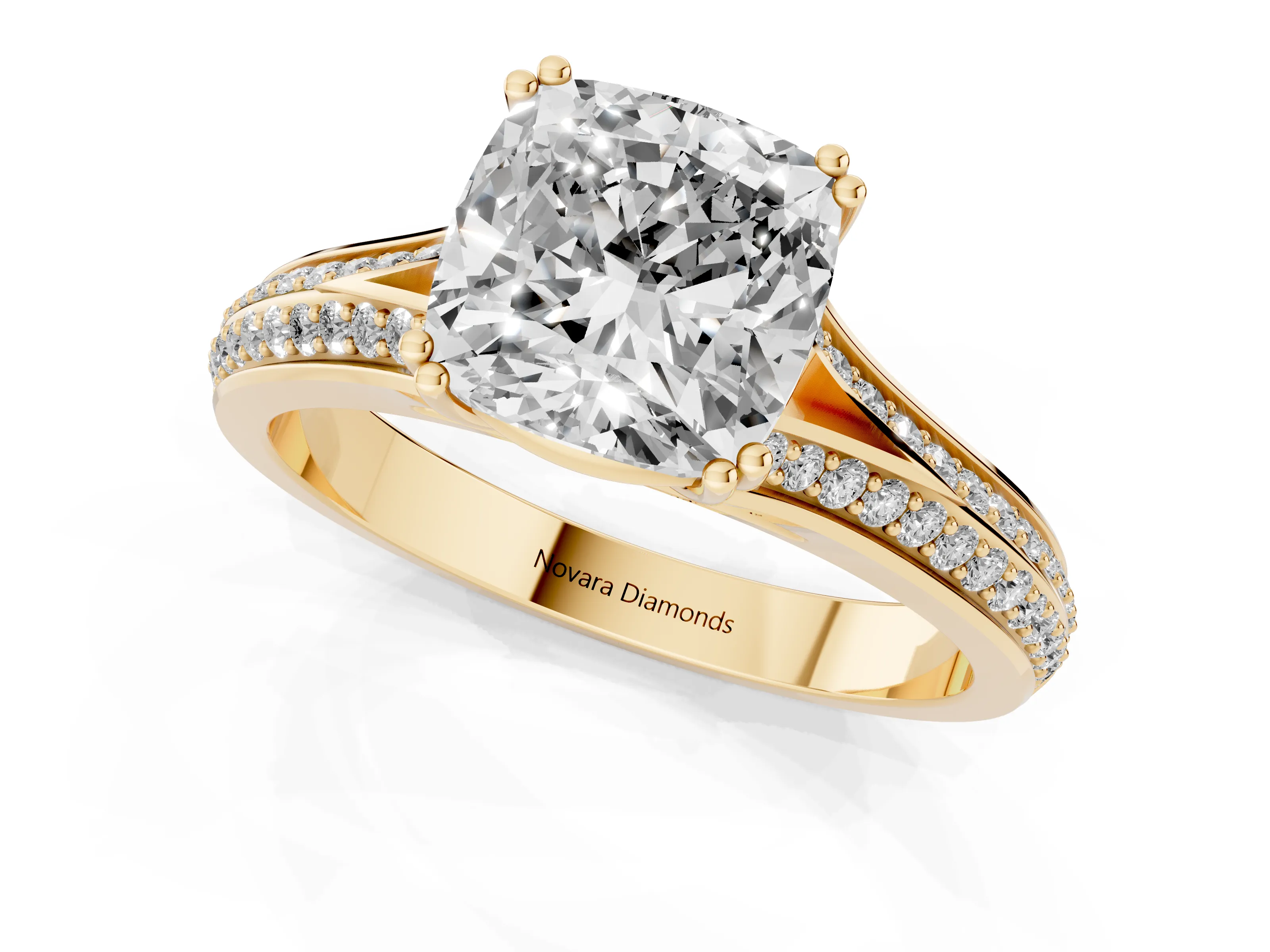 Cushion Cut Diamond Split Shank Pavé Engagement Ring Set in Yellow gold with Prong-Set Center Stone