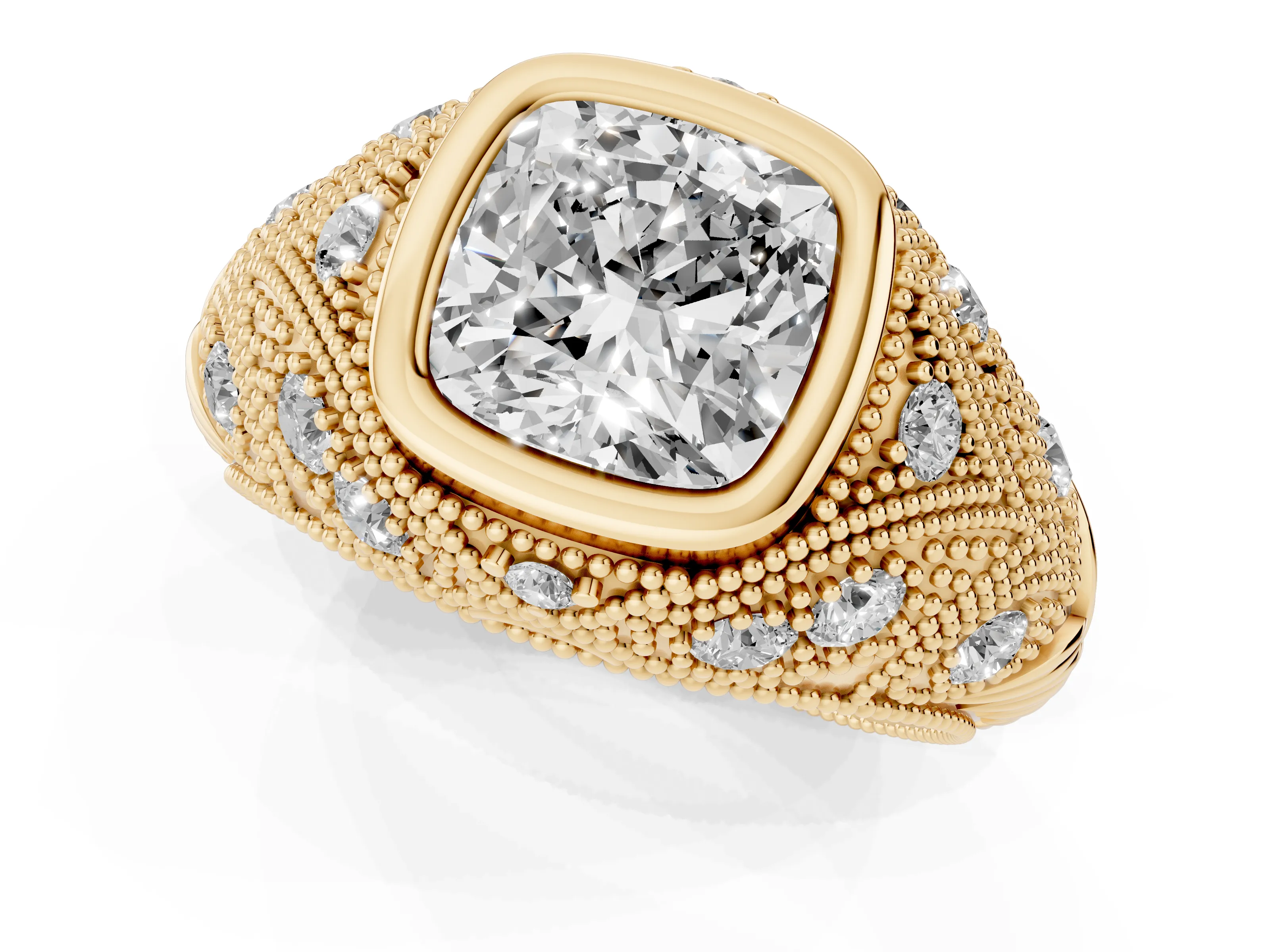 Cushion Cut Diamond Bezel Ring Set in Yellow gold with Milgrain Accent Band