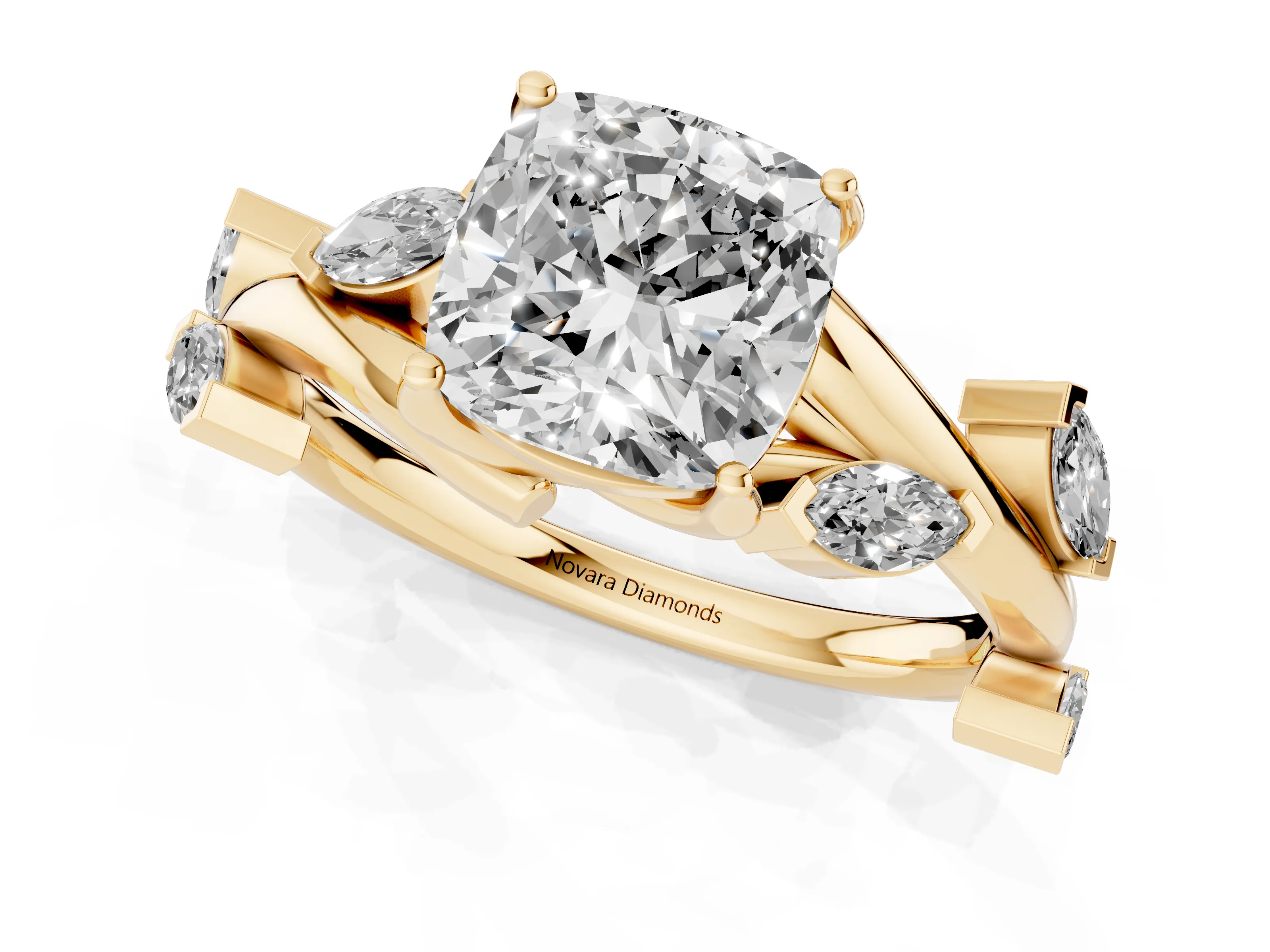 Cushion Cut Diamond Solitaire Ring Set in Yellow gold with Twisted Marquise Accent Band