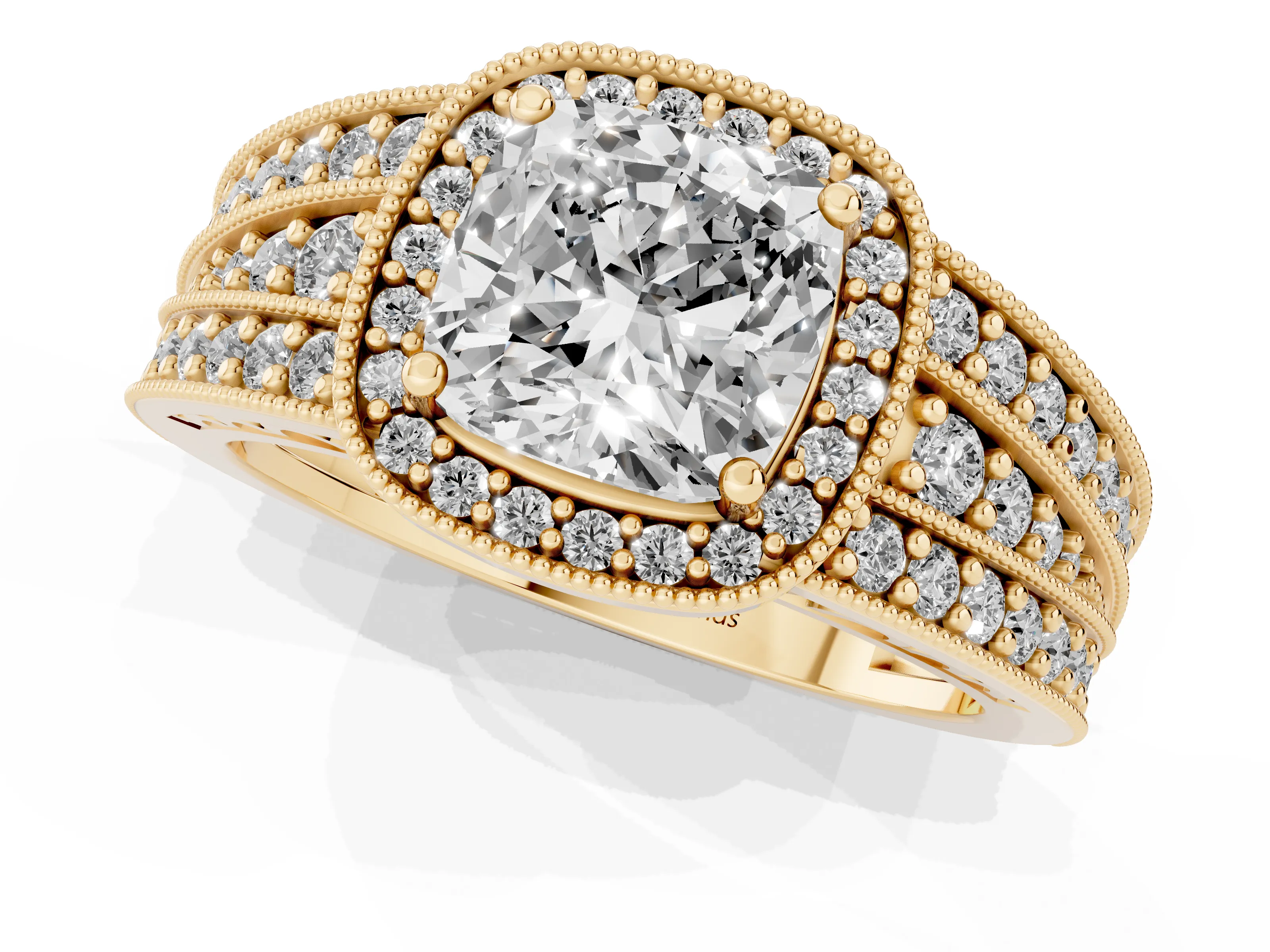 Cushion Cut Diamond Halo Ring Set in Yellow gold with Accent Split Shank and Prong Setting
