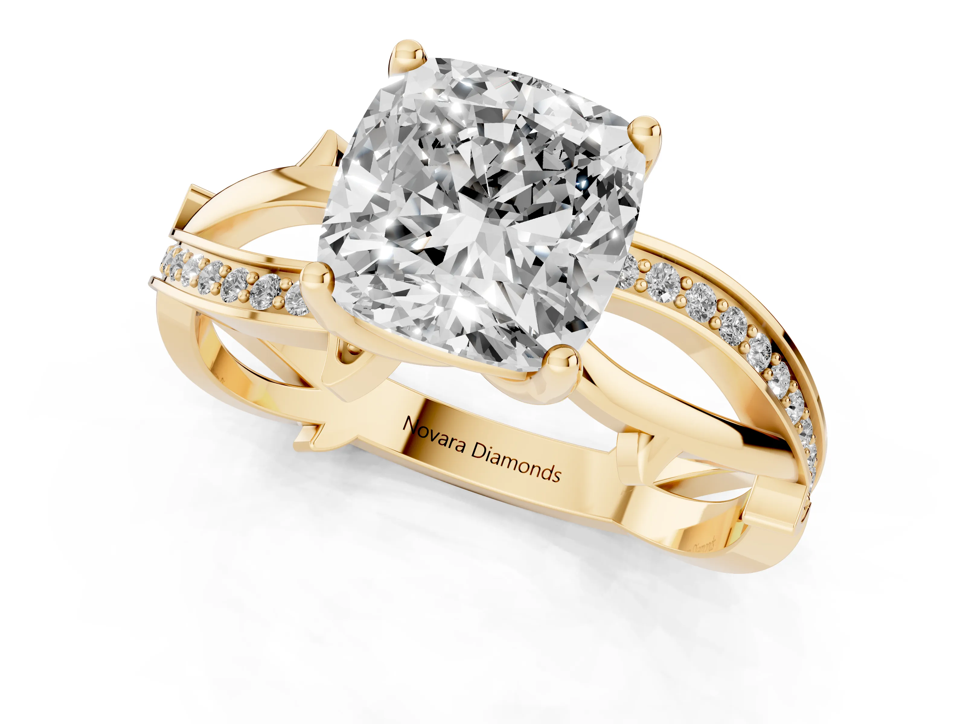 Cushion Cut Diamond Pavé Twist Band Solitaire Ring Set in Yellow gold with Prong Setting