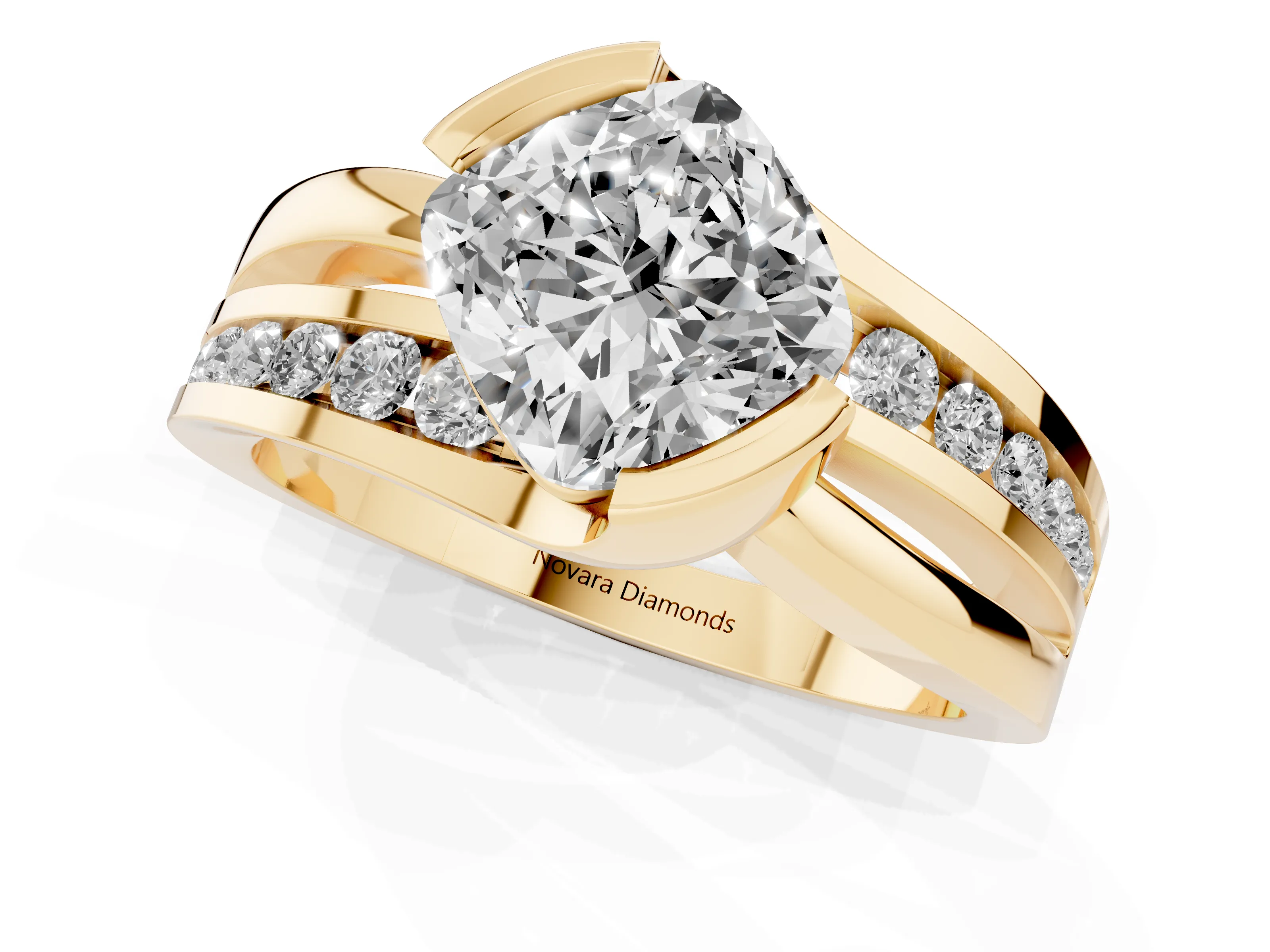 Cushion Cut Diamond Solitaire Ring Set in Yellow gold with Channel Set Split Shank and Tension Prongs