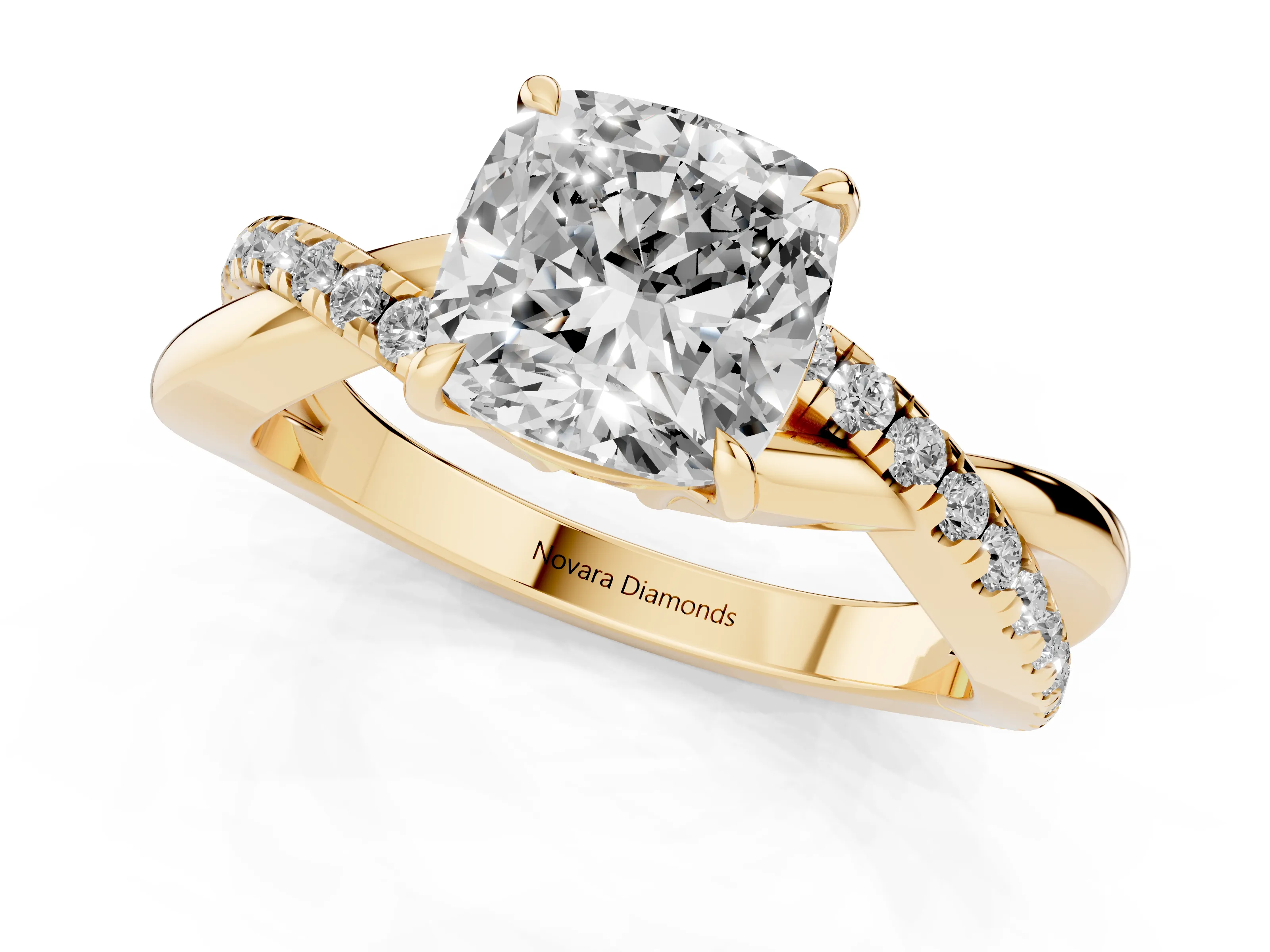 Cushion Cut Diamond Twisted Pavé Band Ring Set in Yellow gold with Prong Setting