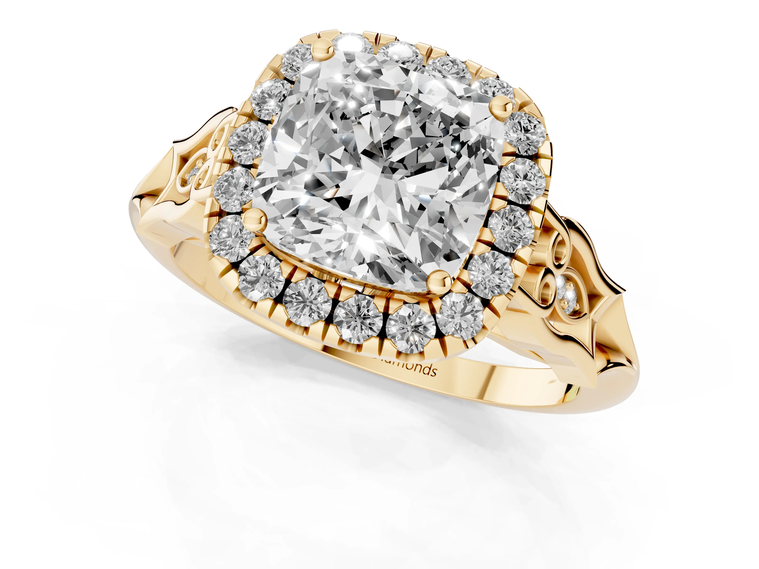 Cushion Cut Diamond Halo Engagement Ring Set in Yellow gold with Filigree Band and Prong-Set Center