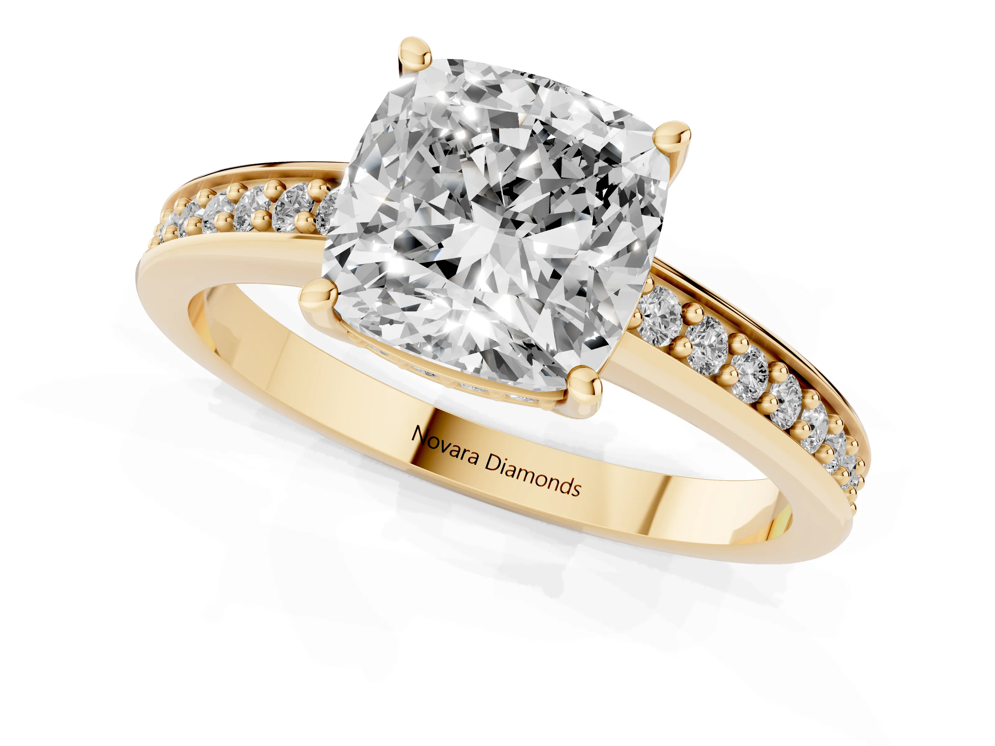 Cushion Cut Diamond Pavé Band Prong Set Solitaire Ring Set in Yellow gold