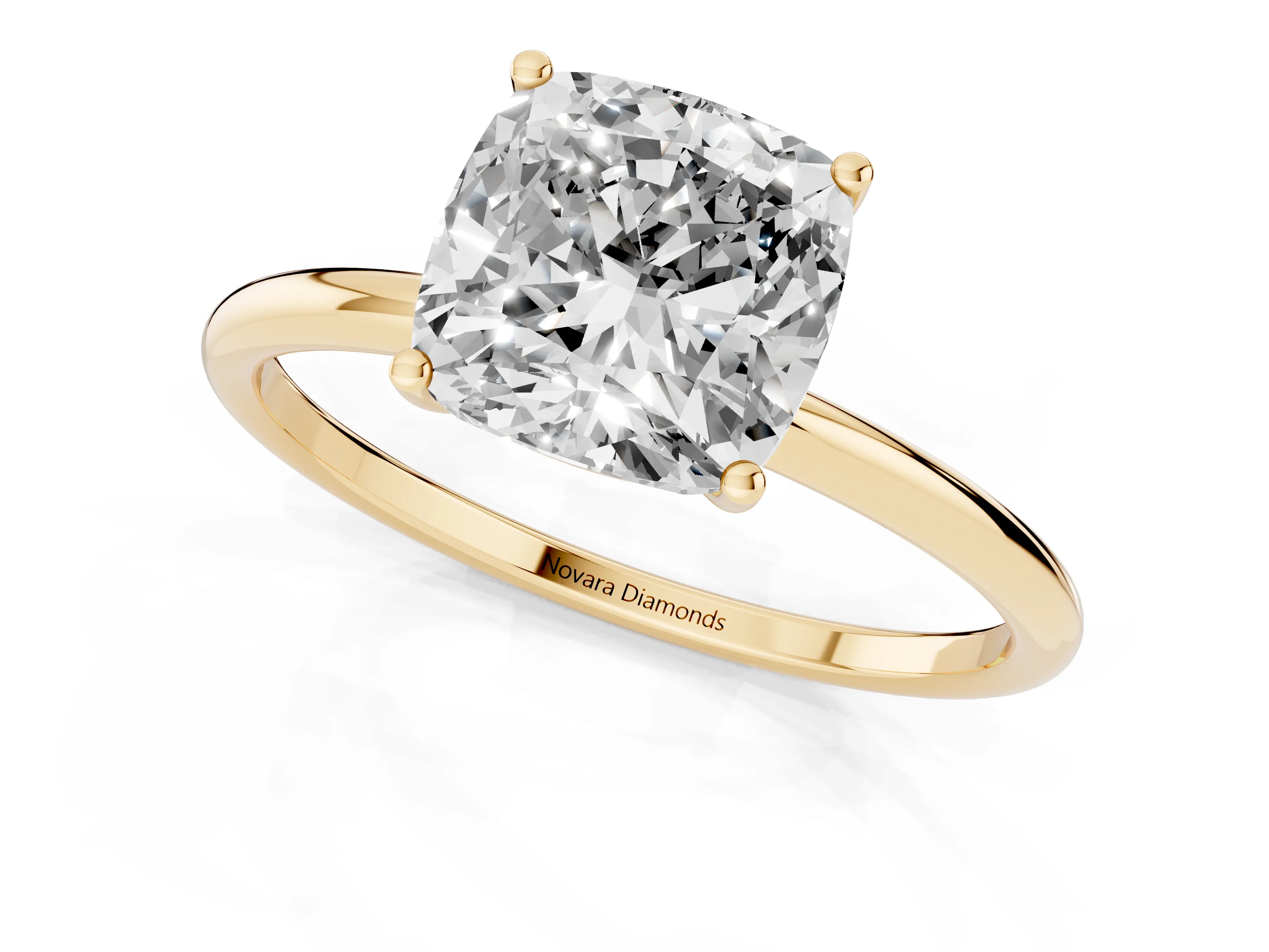 Cushion Cut Diamond Solitaire Engagement Ring Set in Yellow gold with Thin Band and Prong Setting