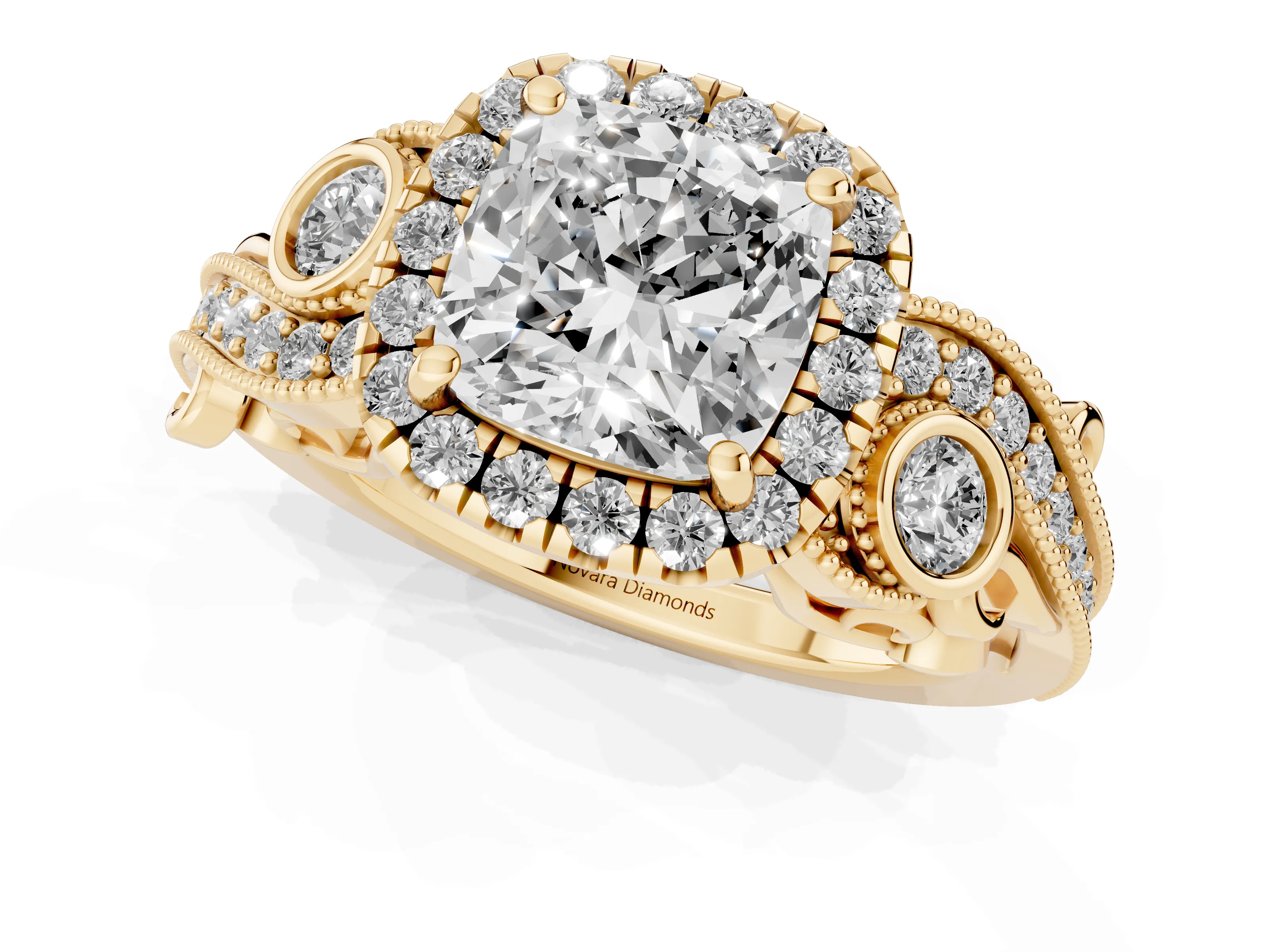 Cushion Cut Diamond Halo Ring Set in Yellow gold with Milgrain Pavé Band and Prong Setting – second view