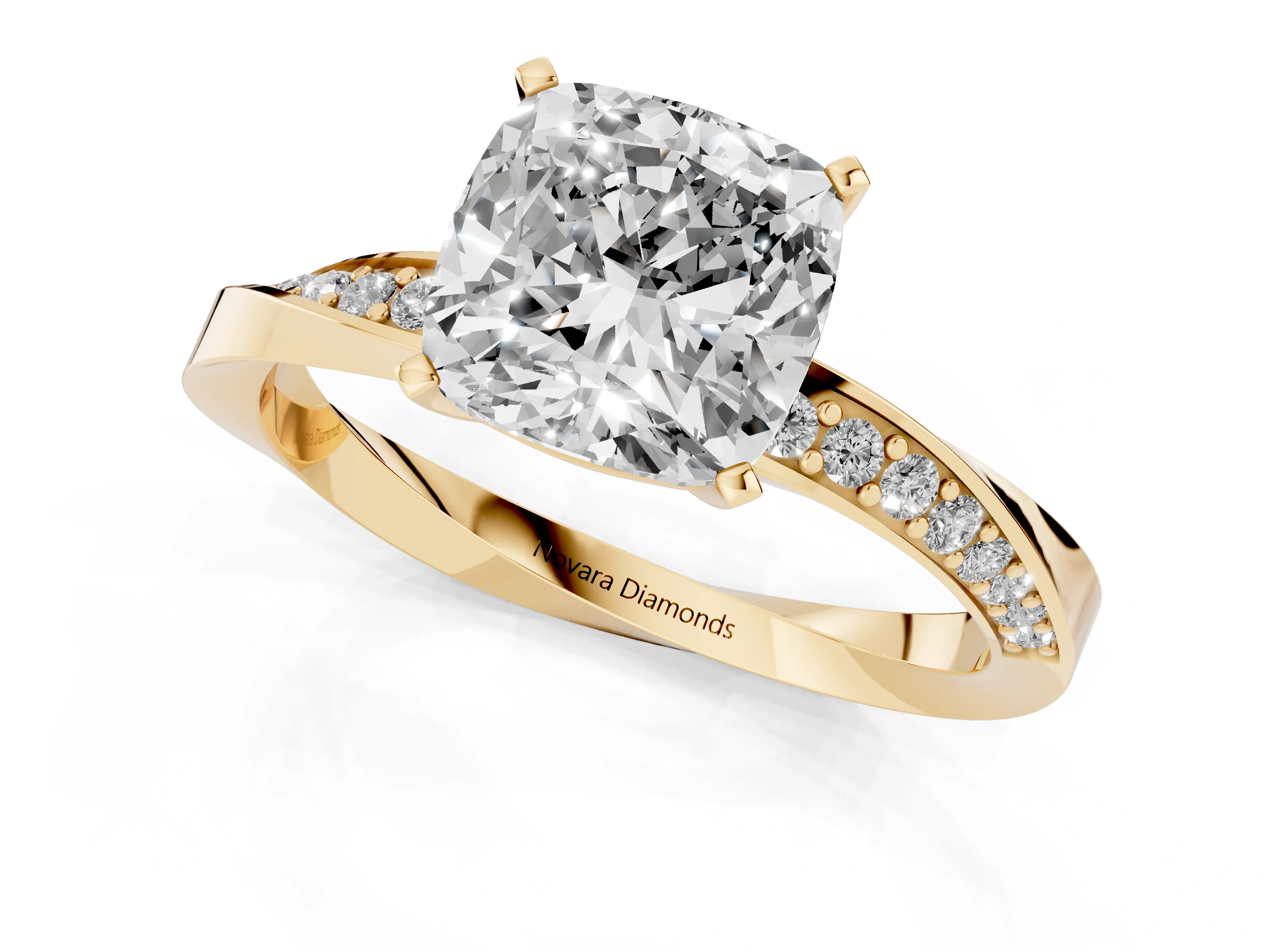 Cushion Cut Diamond Engagement Ring Set in Yellow gold with Side Stone Accents and Prong Setting