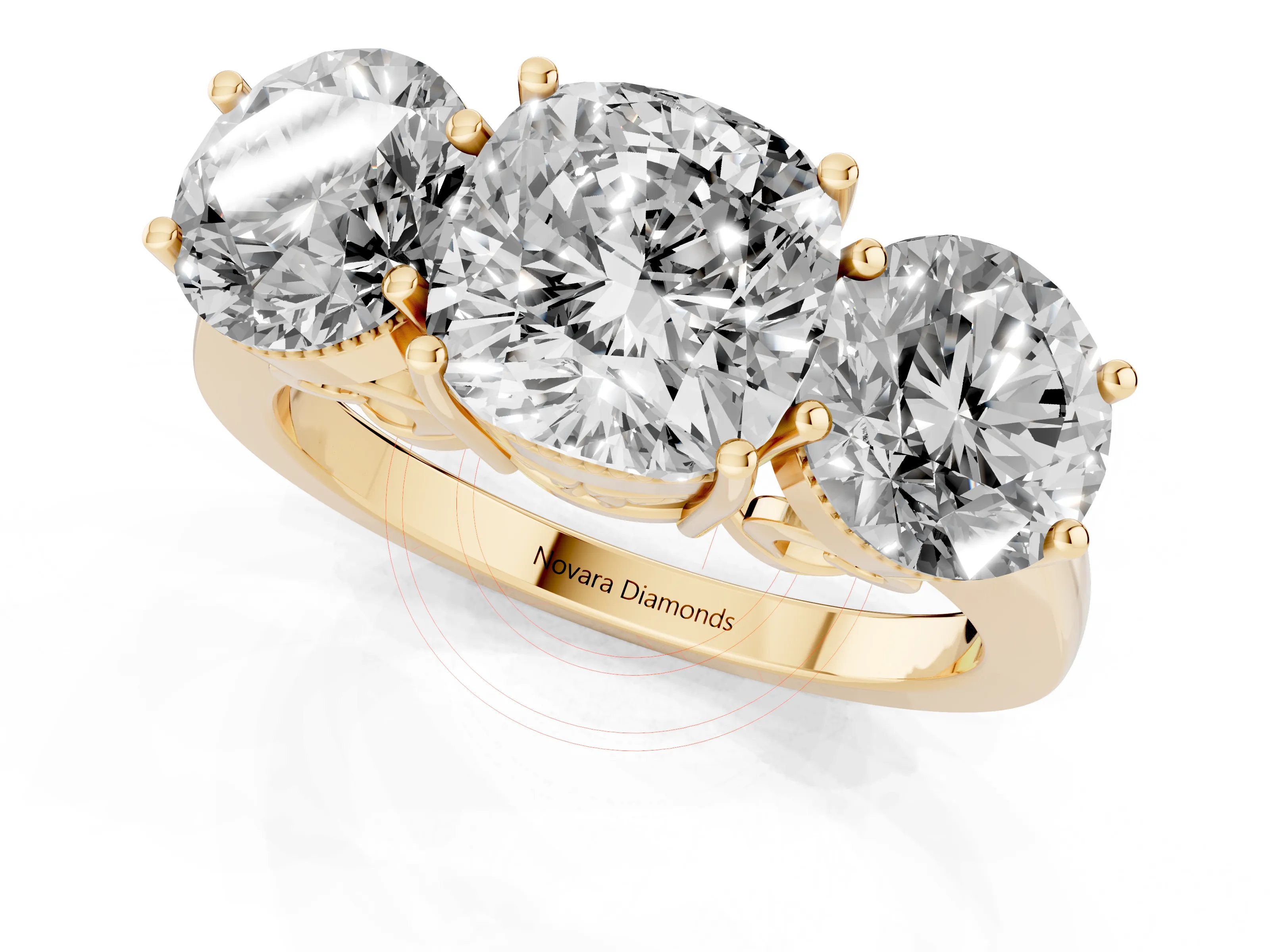 Cushion Cut Diamond Three-Stone Engagement Ring Set in Yellow gold with Polished Band