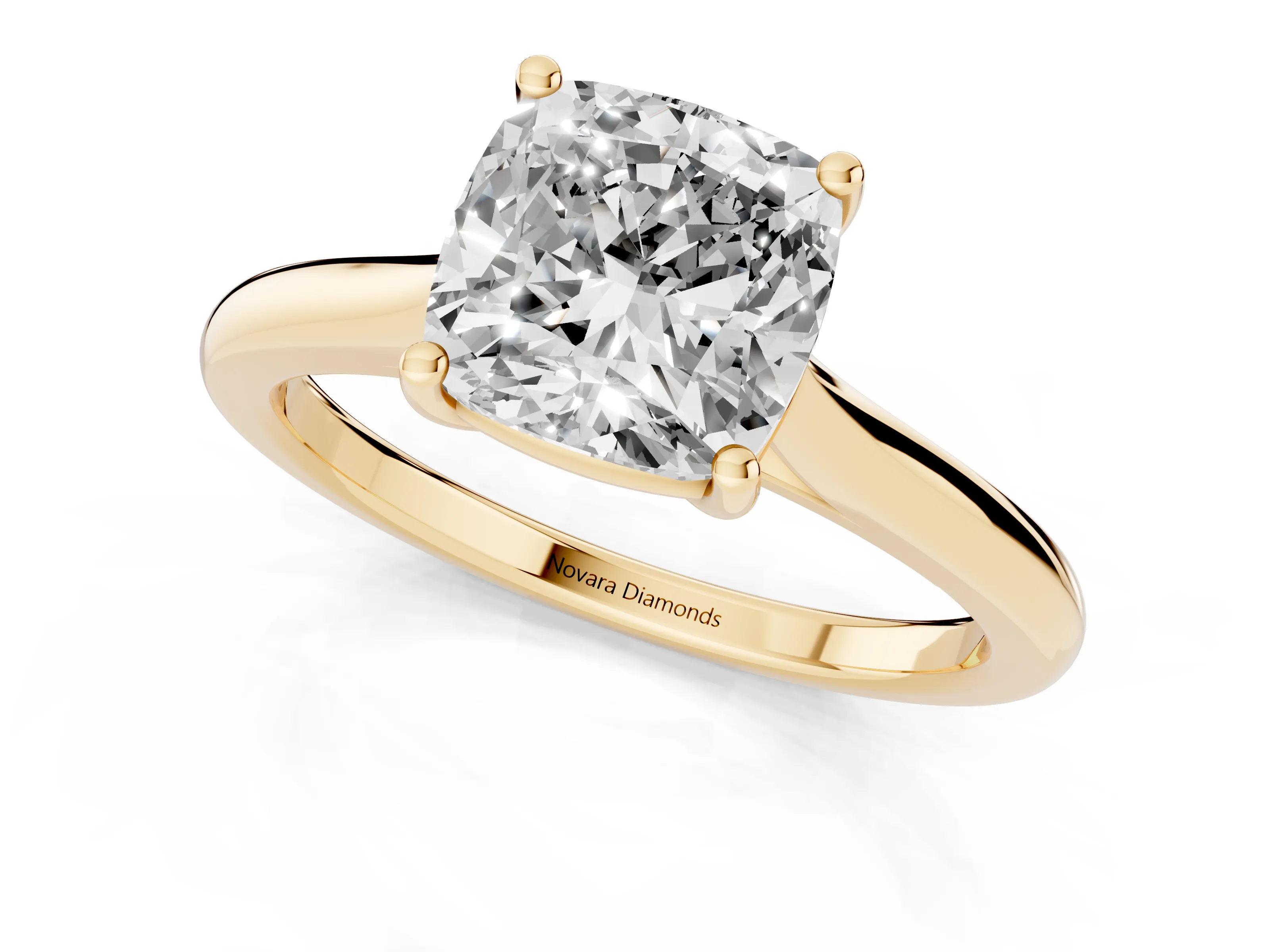 Cushion Cut Diamond Solitaire Ring Set in Yellow gold with Cathedral Band and Prong Setting