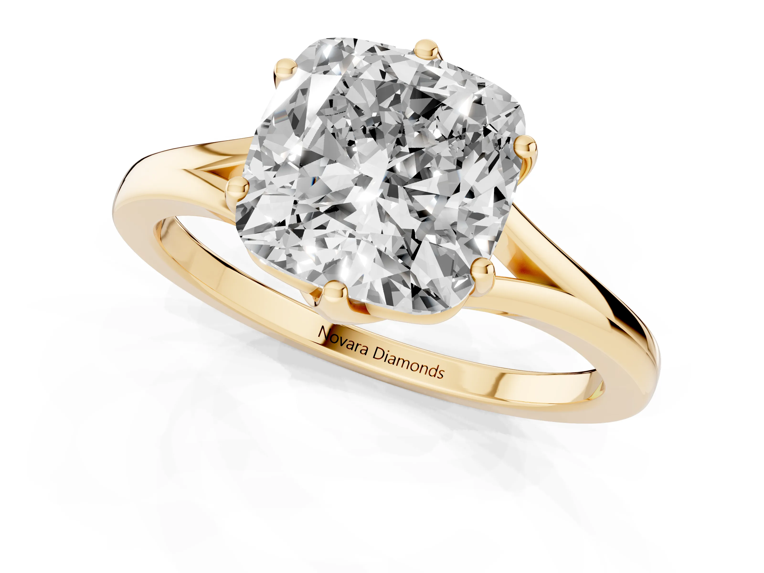 Cushion Cut Diamond Solitaire Ring Set in Yellow gold with Polished Tapered Band and Prong Setting – second view
