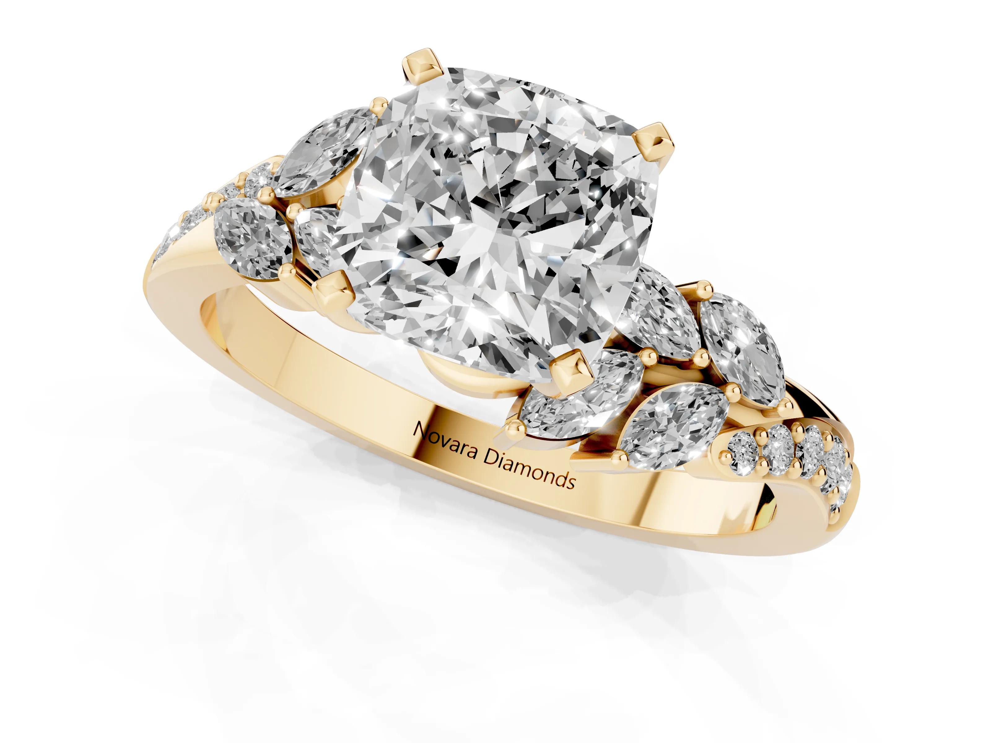 Cushion Cut Diamond Solitaire Ring Set in Yellow gold with Marquise Twist Band and Prong Setting