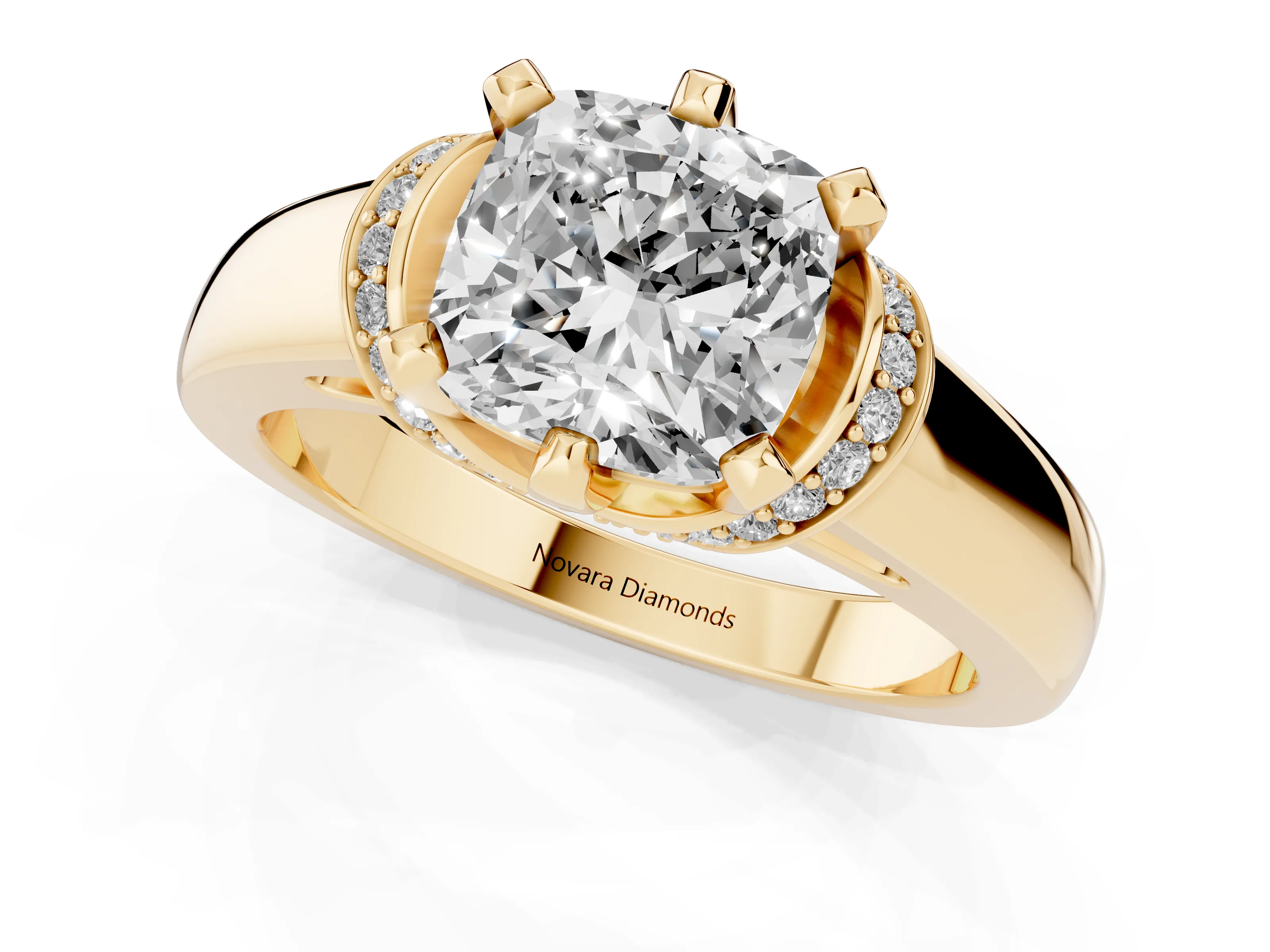 Cushion Cut Diamond Pavé Band Solitaire Ring Set in Yellow gold with Prong Setting