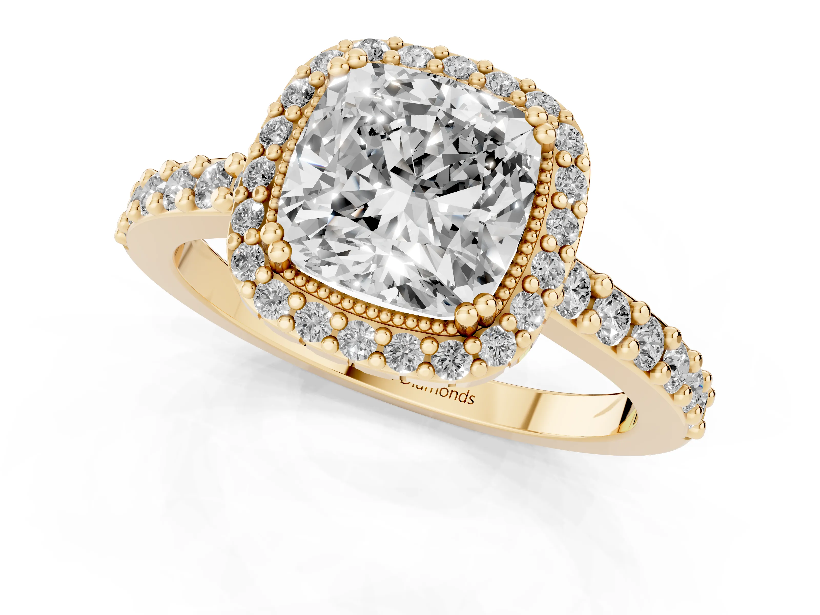 Cushion Cut Diamond Halo Engagement Ring Set in Yellow gold with Milgrain Detail and Pavé Band