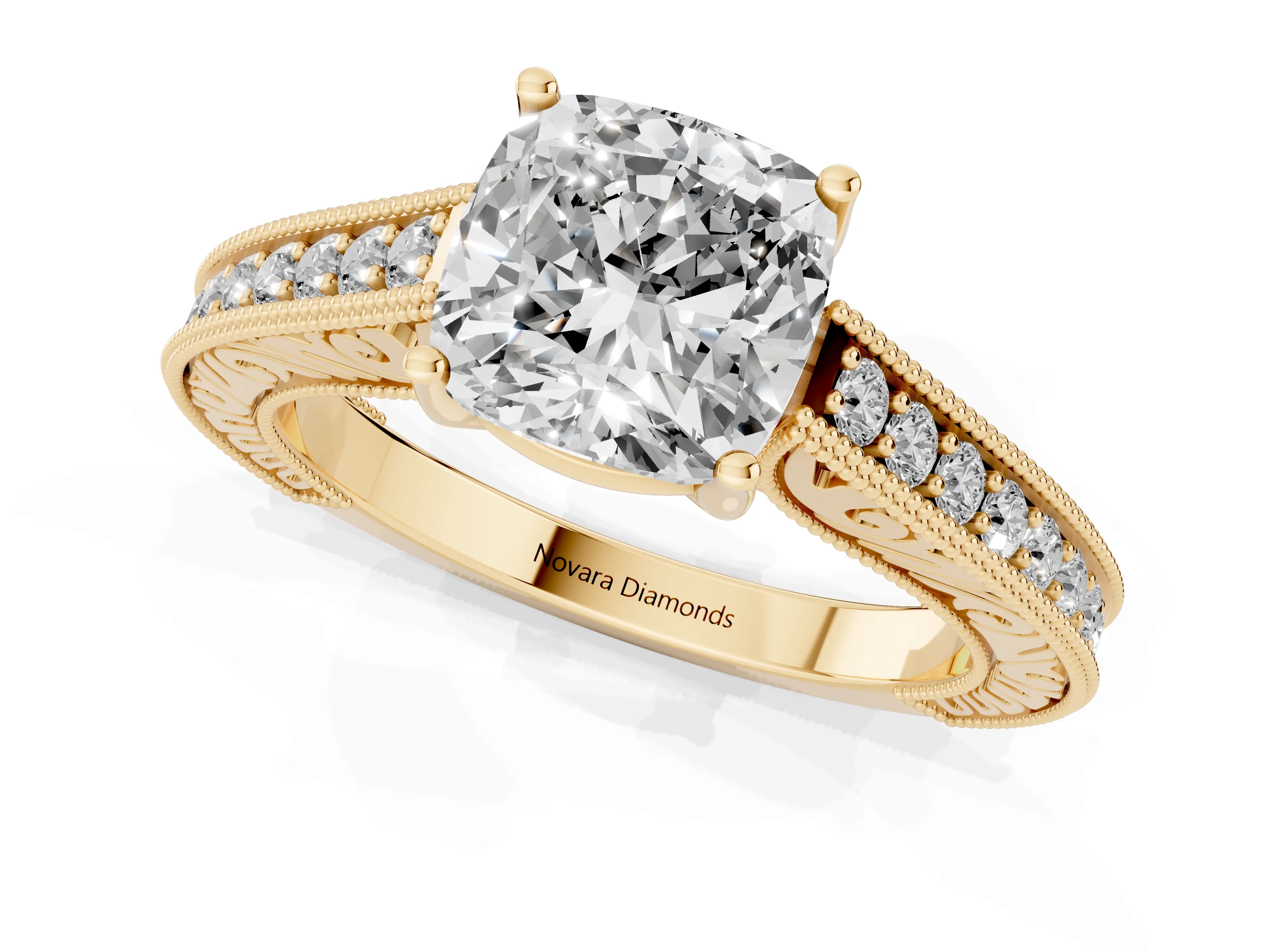 Cushion Cut Diamond Milgrain Pavé Band Solitaire Ring Set in Yellow gold with Prong Setting