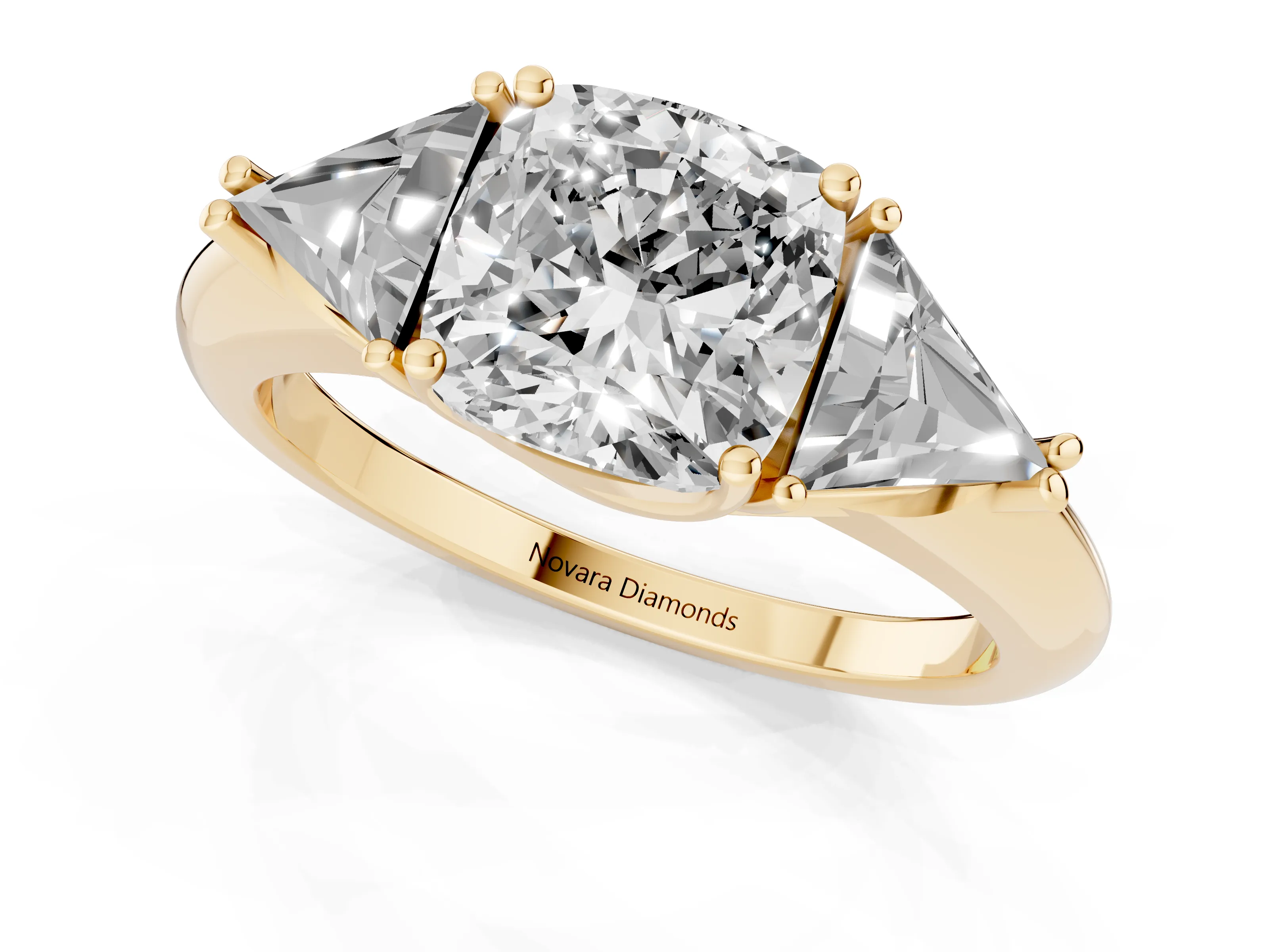 Cushion Cut Diamond Three-Stone Engagement Ring Set in Yellow gold with Trillion Side Stones