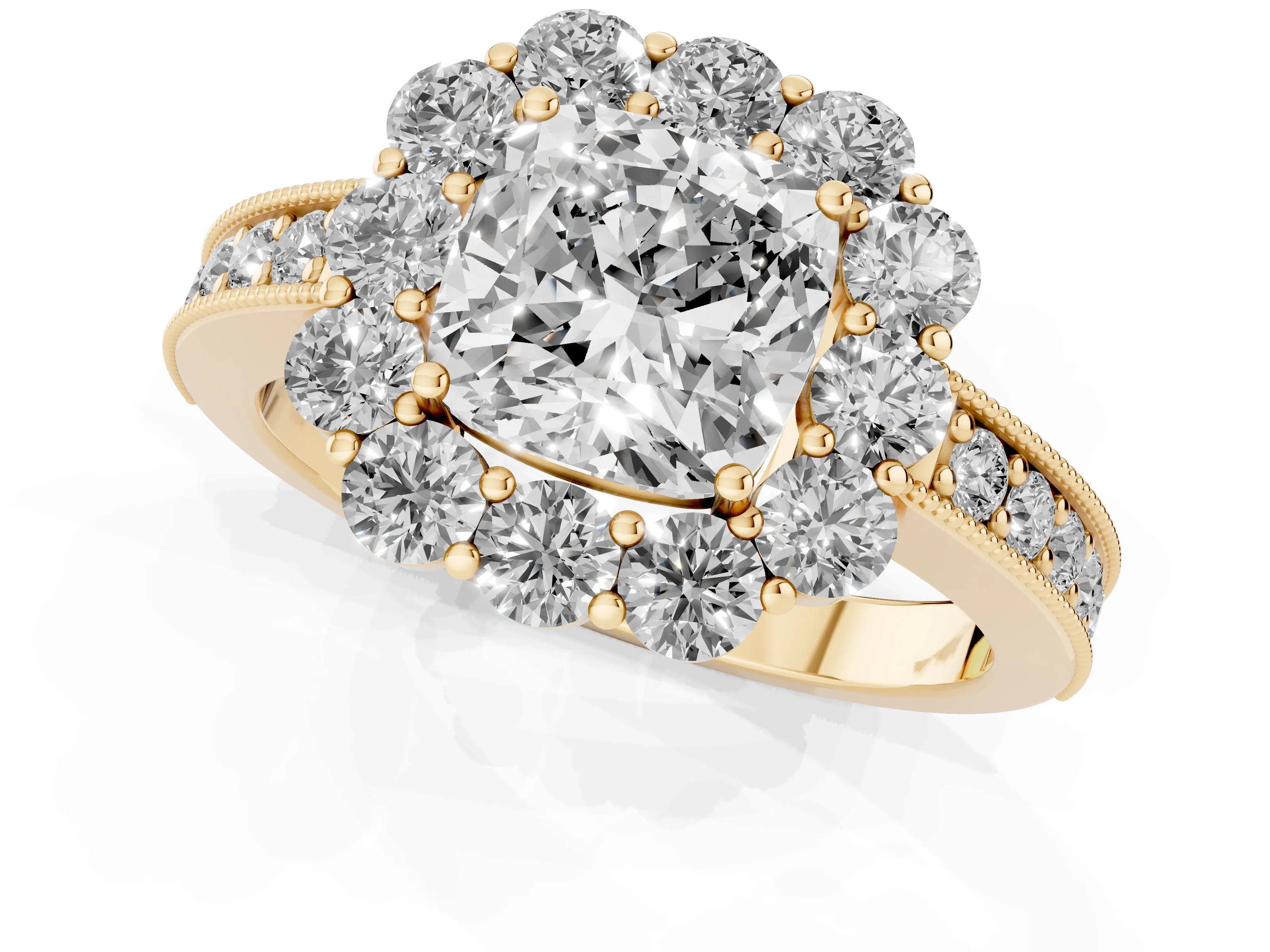 Cushion Cut Diamond Halo Pavé Engagement Ring Set in Yellow gold with Milgrain Detailing