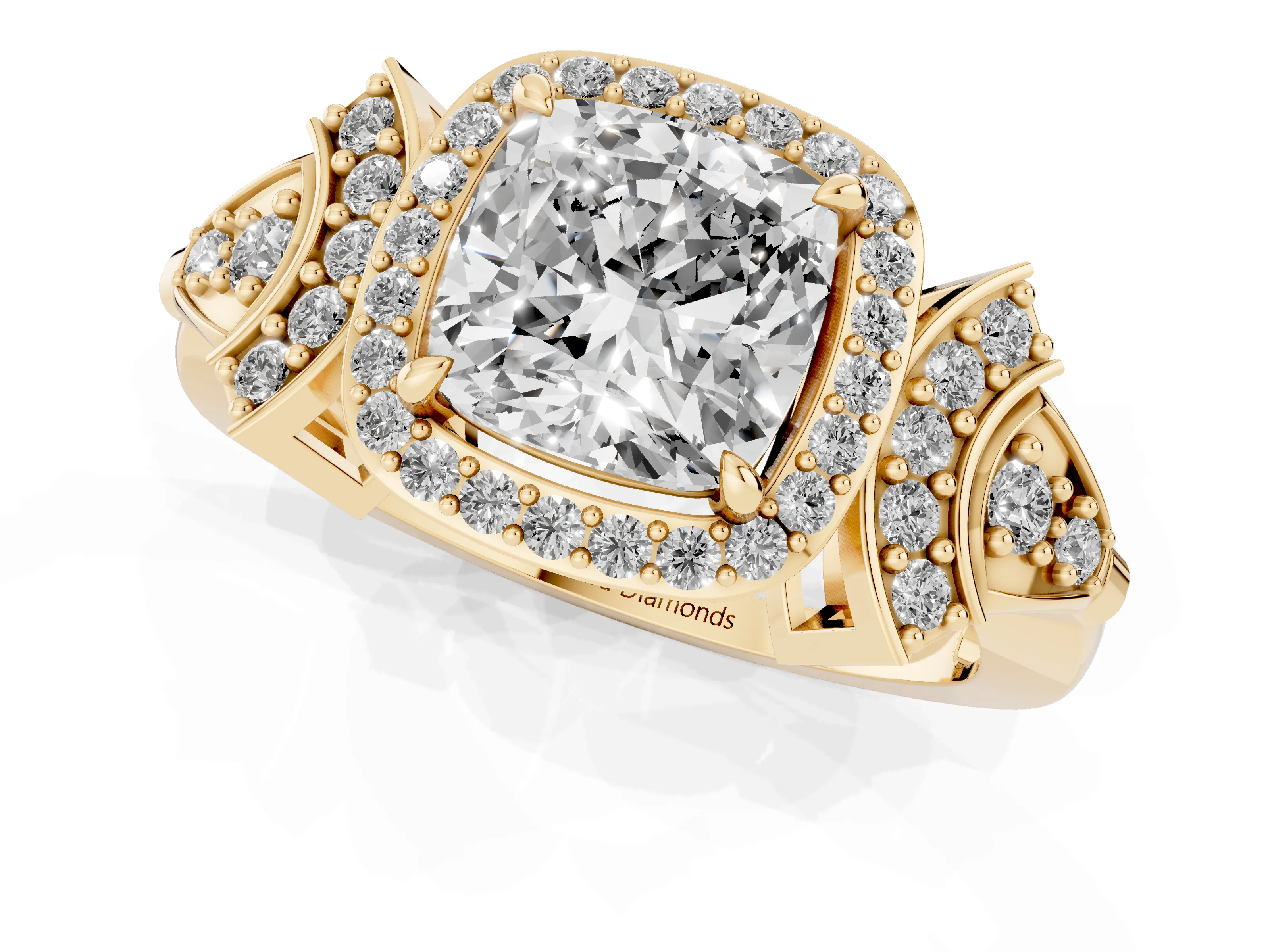 Cushion Cut Diamond Halo Engagement Ring Set in Yellow gold with Accent Stone Split Shank