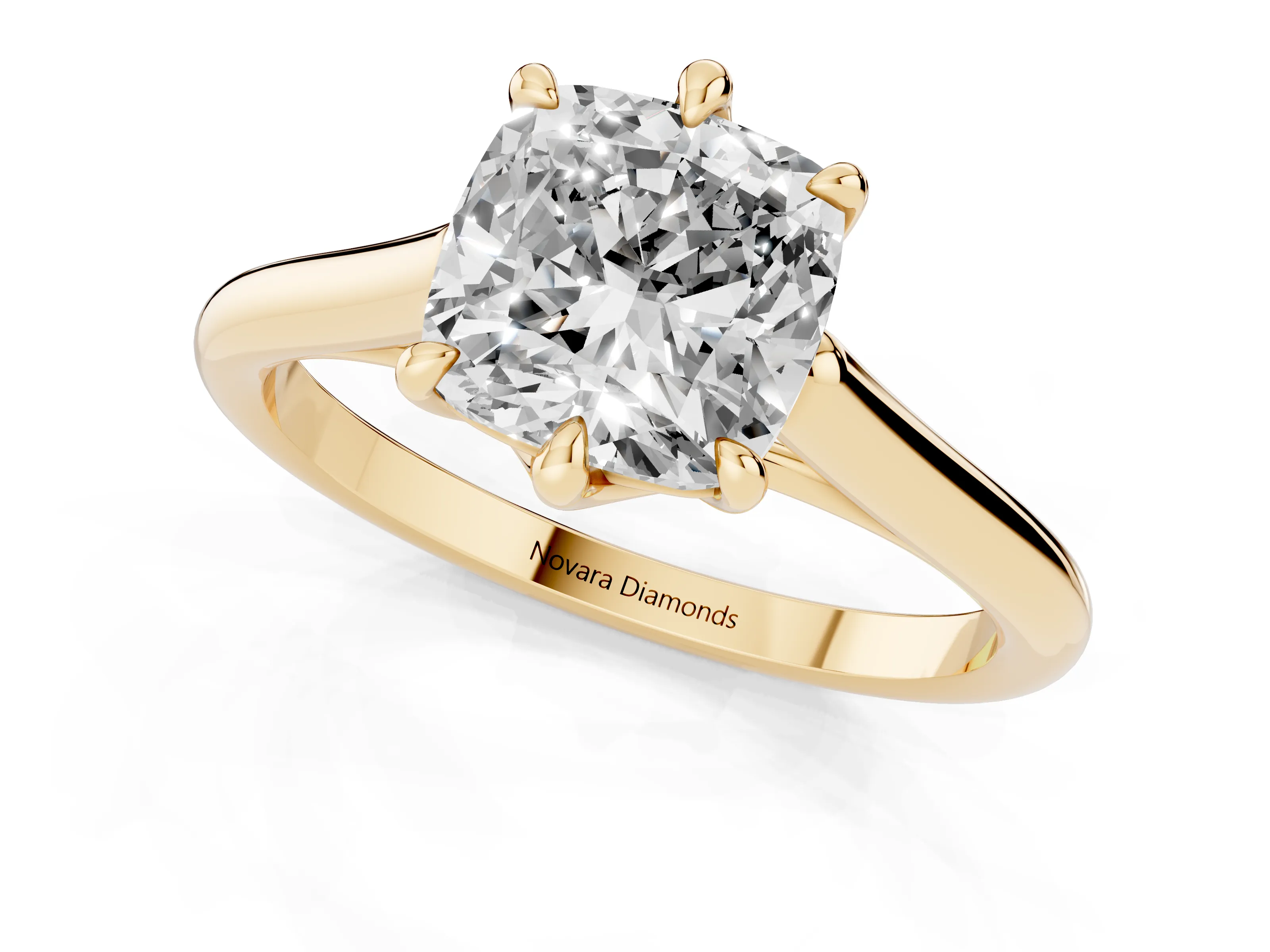 Cushion Cut Diamond Solitaire Engagement Ring Set in Yellow gold with Prong Setting and Plain Classic Band – second view