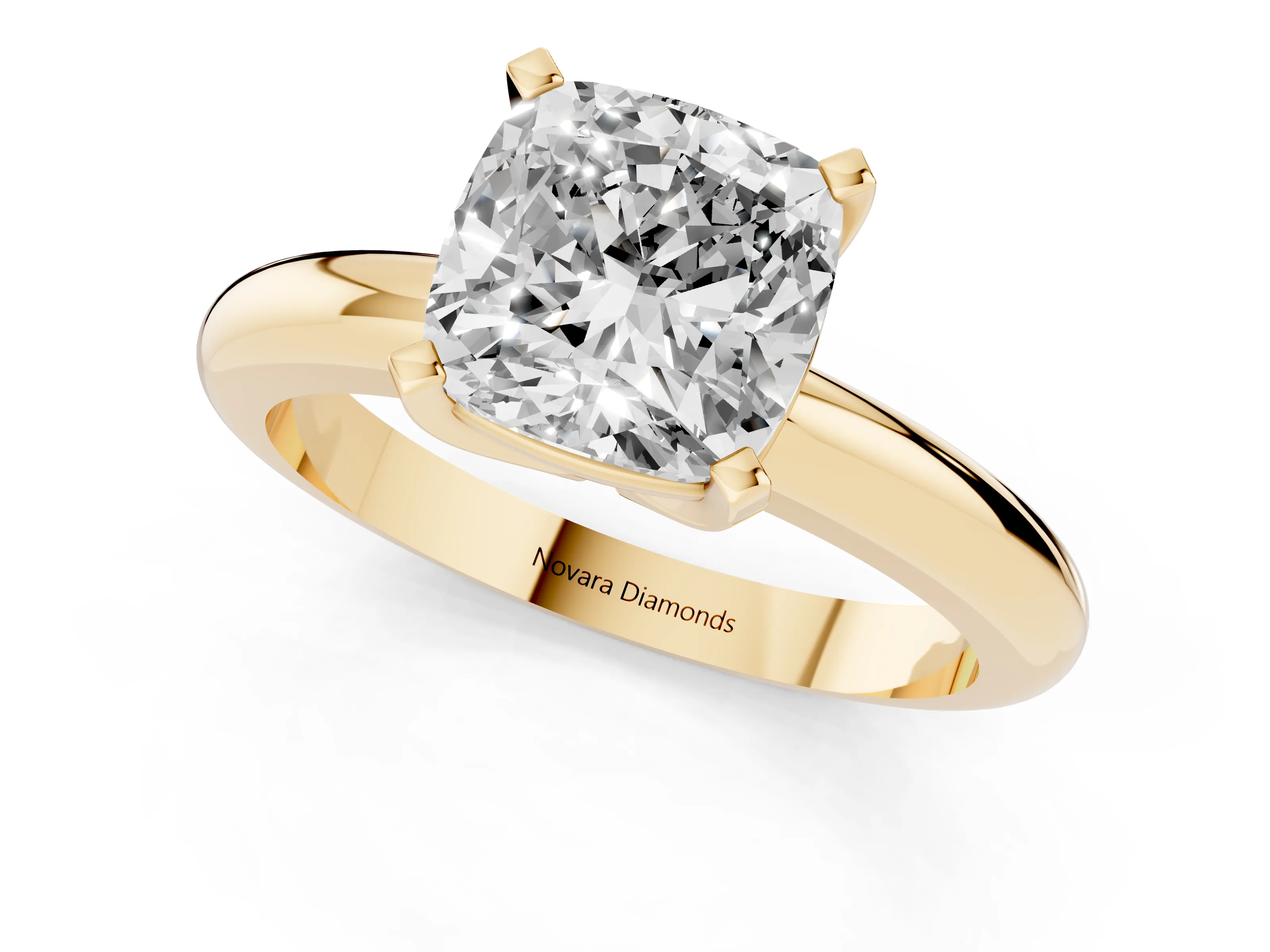 Cushion Cut Diamond Solitaire Engagement Ring Set in Yellow gold with Round Band and Prong Setting