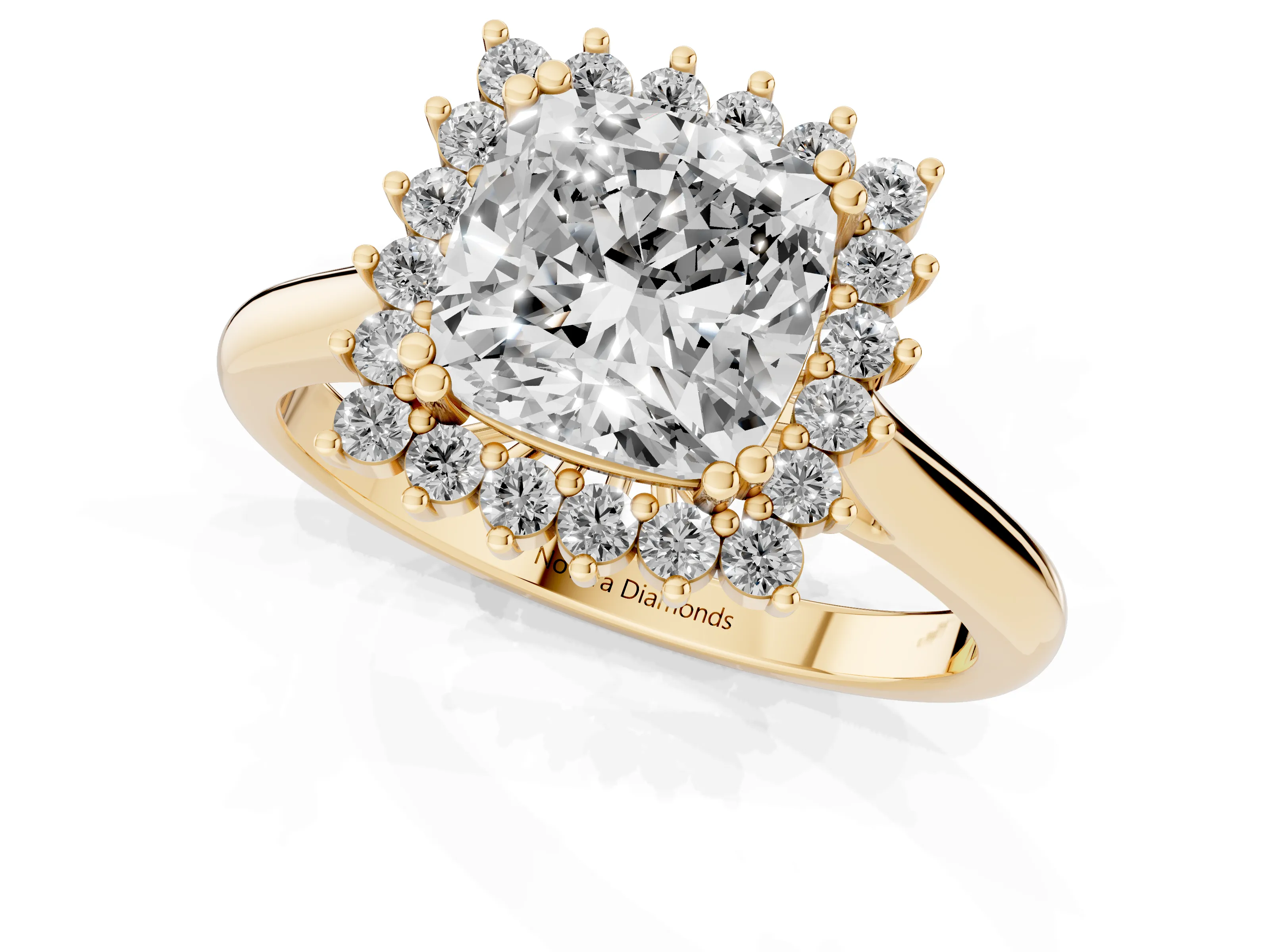 Cushion Cut Diamond Halo Ring Set in Yellow gold with Plain Solitaire Band and Prong Setting