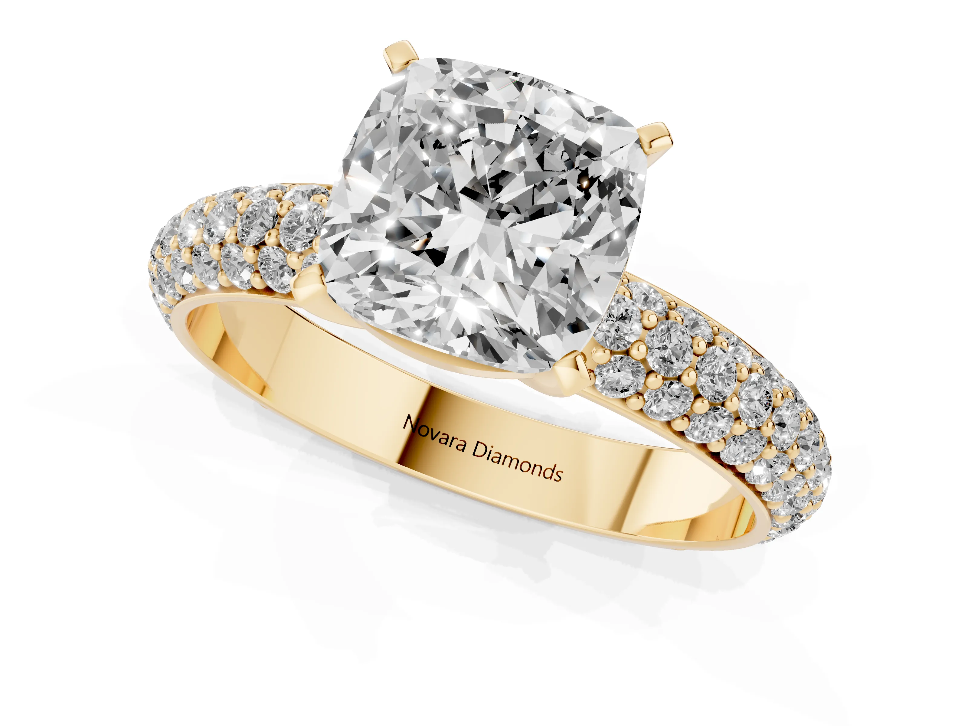 Cushion Cut Diamond Solitaire Ring Set in Yellow gold with Prong Setting and Pavé-Set Band