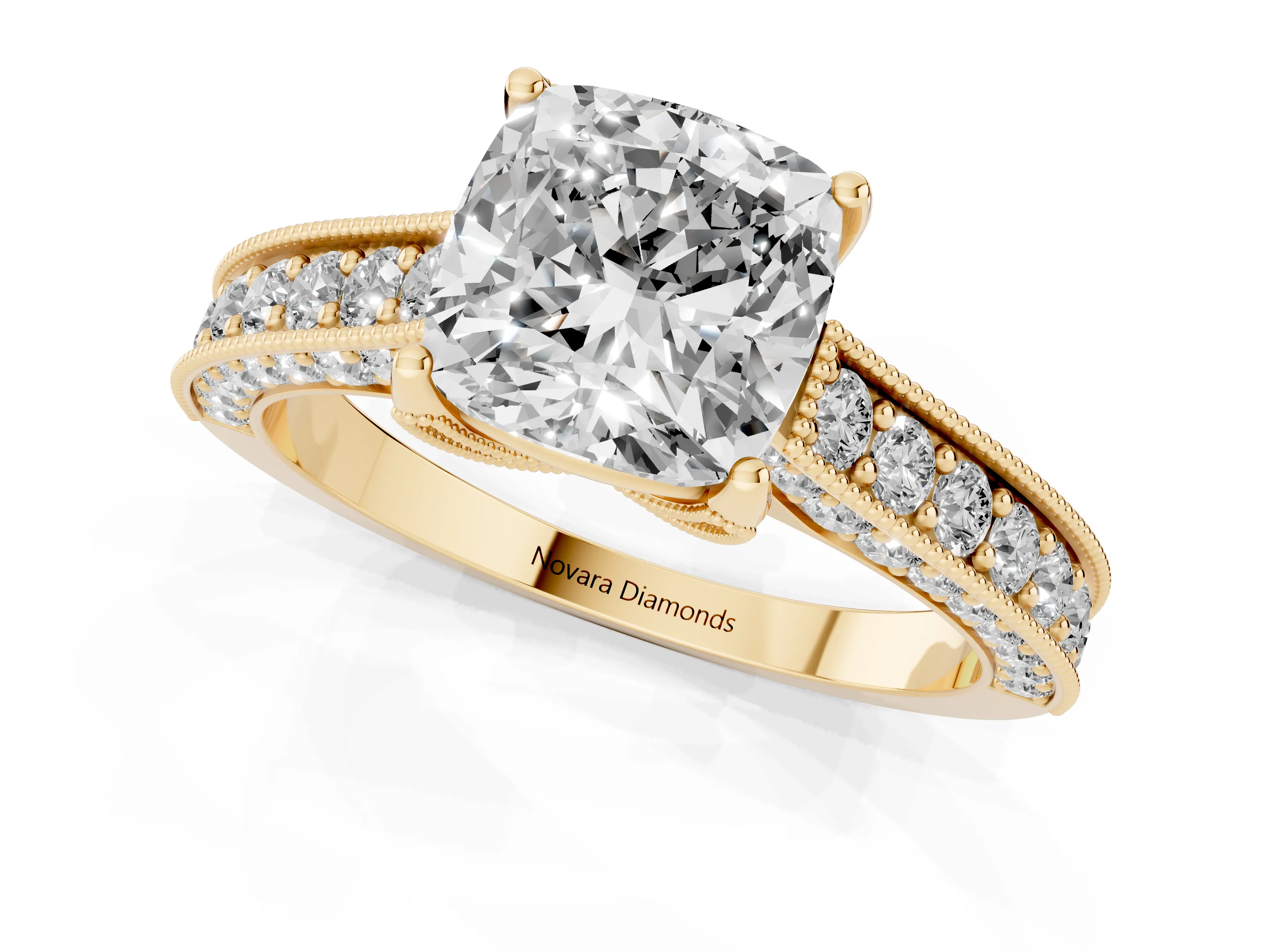 Cushion Cut Diamond Solitaire Ring Set in Yellow gold with Milgrain-Edged Pavé Band and Prong Setting – second view