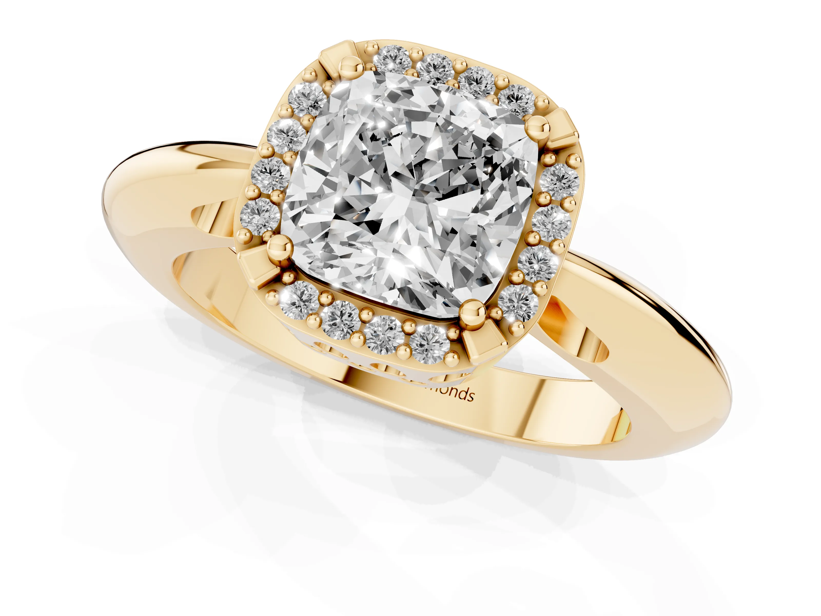 Cushion Cut Diamond Halo Engagement Ring Set in Yellow gold with Plain Split Shank and Prong Setting