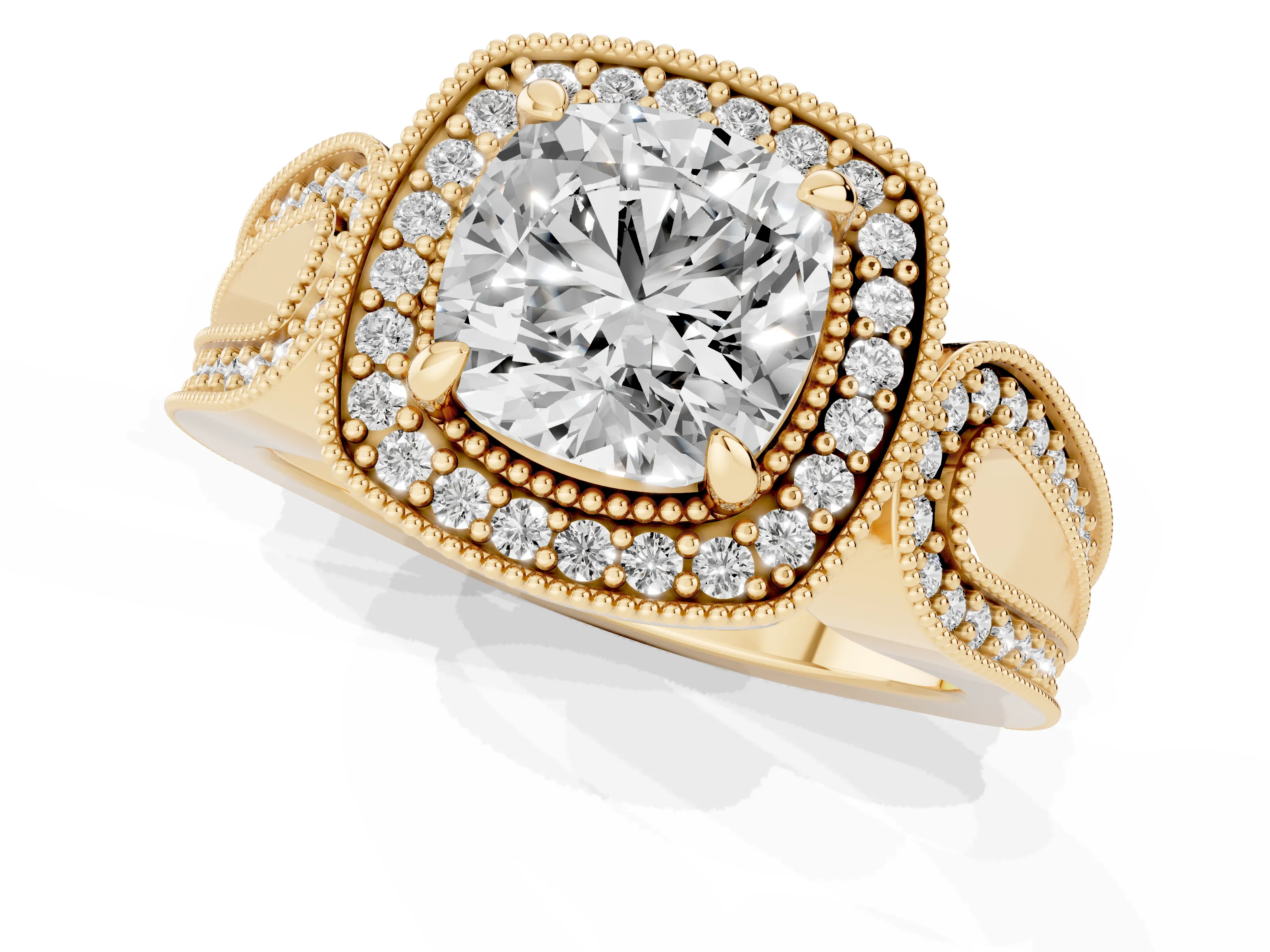 Cushion Cut Diamond Halo Ring Set in Yellow gold with Milgrain Accent Split Shank