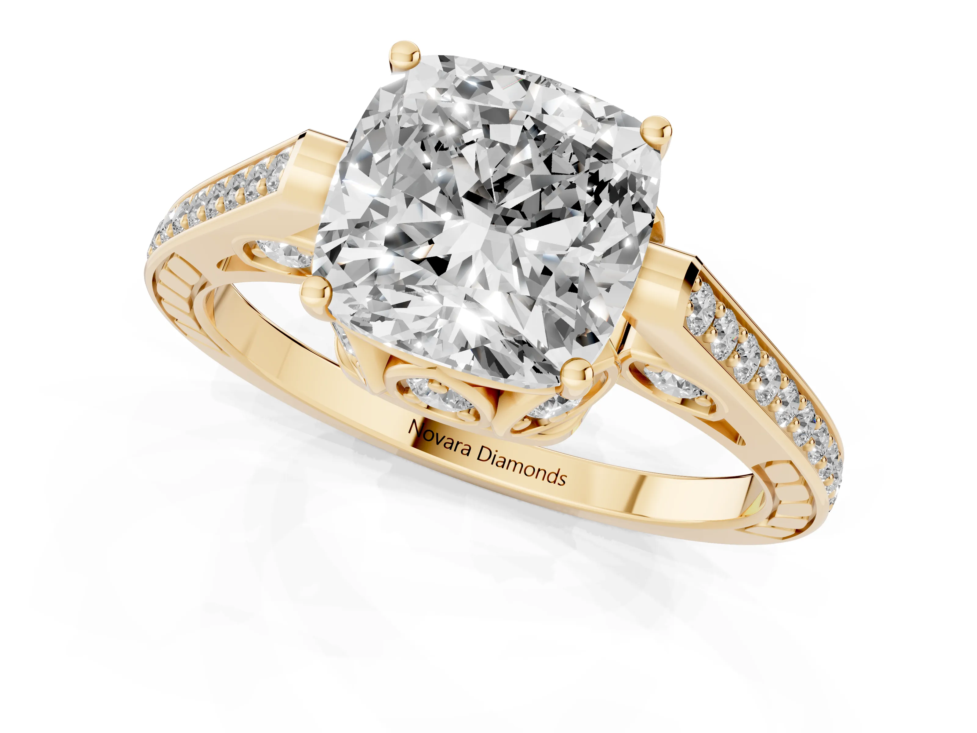 Cushion Cut Diamond Cathedral Pavé Engagement Ring Set in Yellow gold with Prong Setting