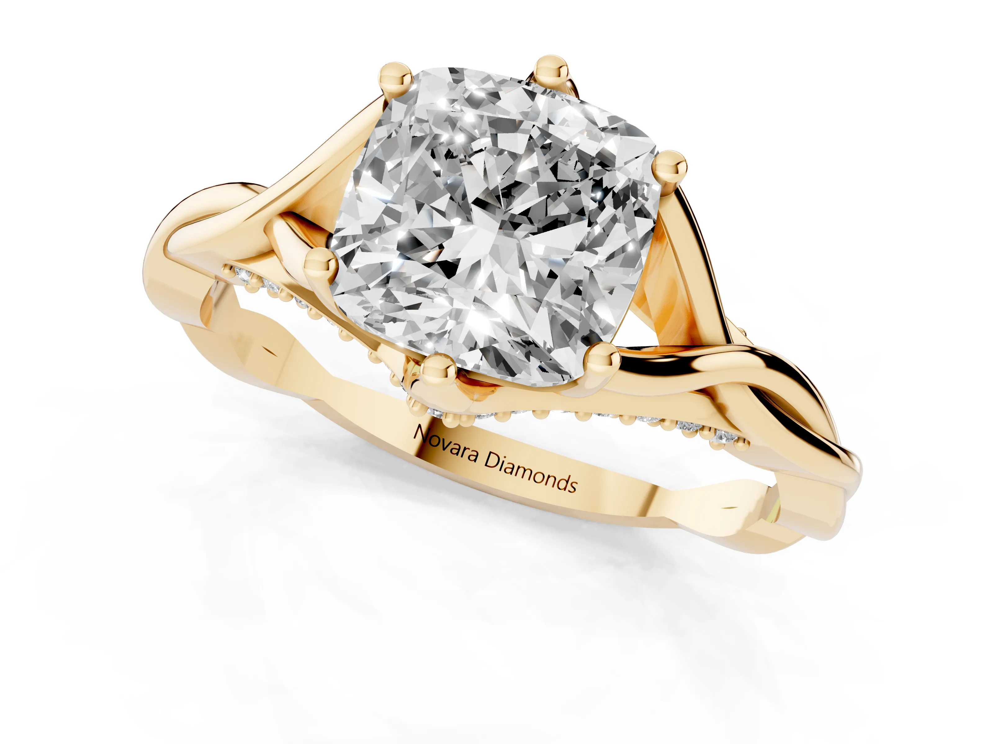 Cushion Cut Diamond Intertwined Twist Band Solitaire Ring Set in Yellow gold with Prong Setting
