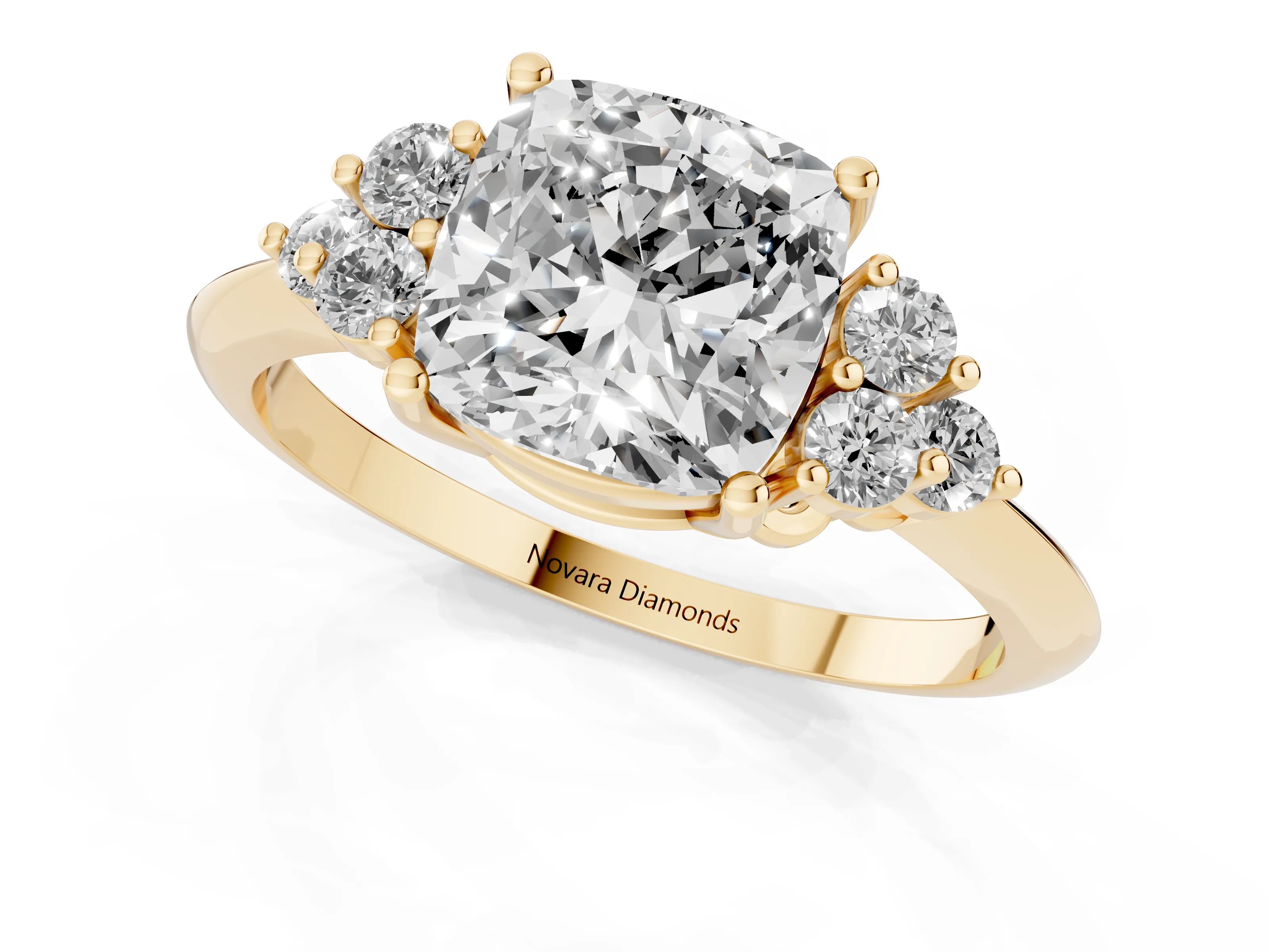 Cushion Cut Diamond Cluster Ring Set in Yellow gold with Plain Band and Prong Setting