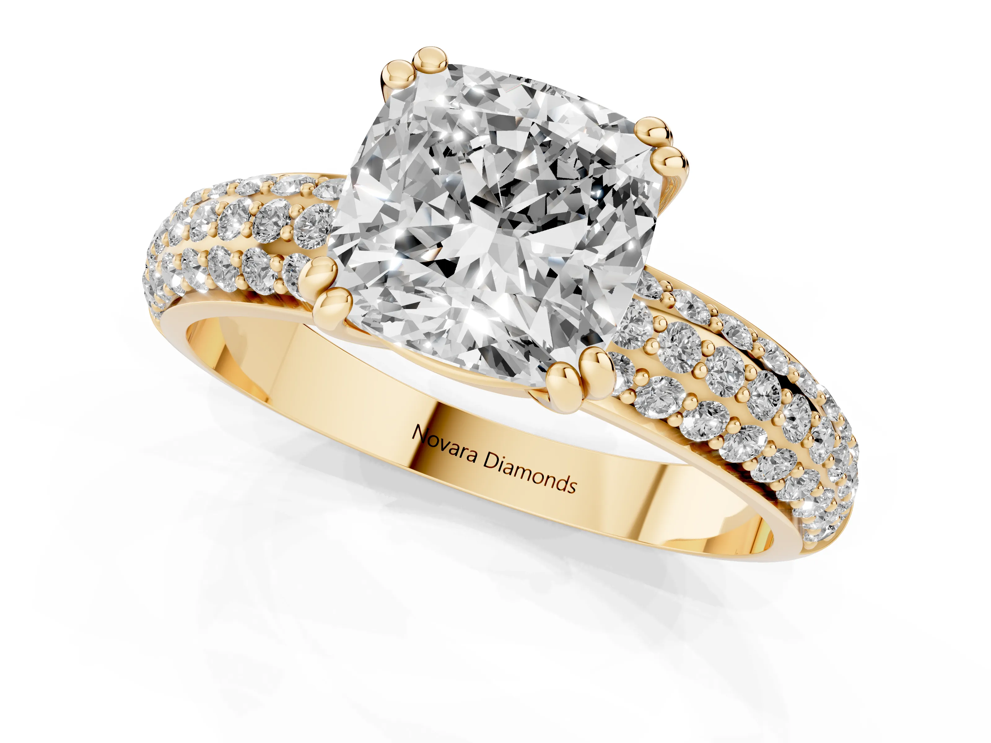 Cushion Cut Diamond Solitaire Ring Set in Yellow gold with Multi-Row Round Pavé Band and Prong Setting