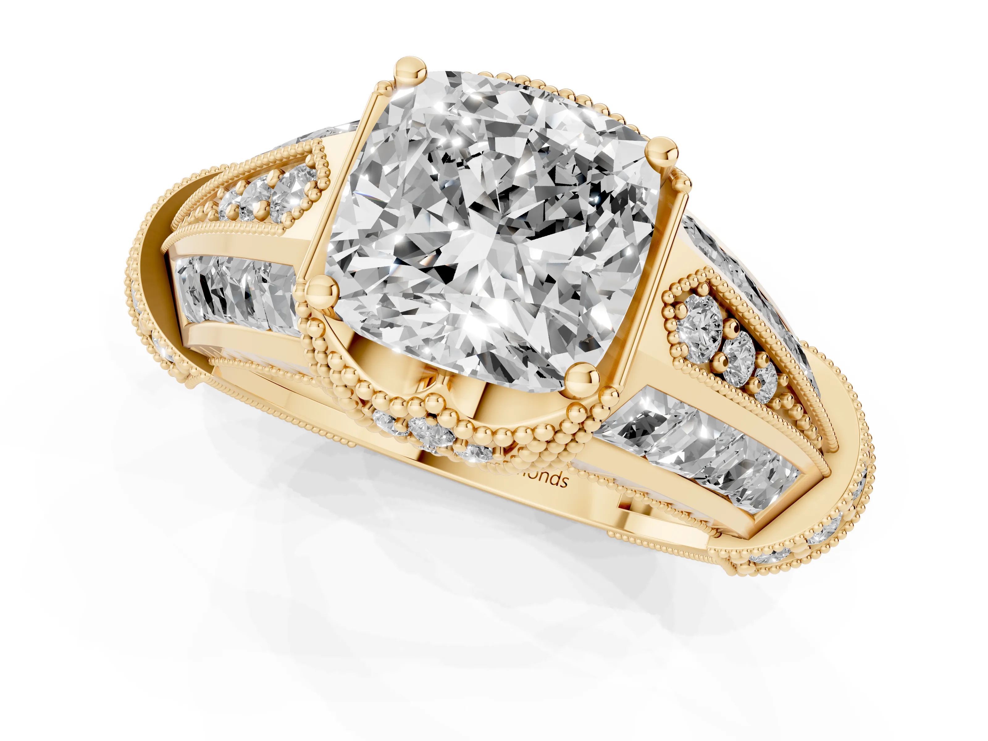 Cushion Cut Diamond Vintage-Inspired Milgrain Ring Set in Yellow gold with Accent Split Shank