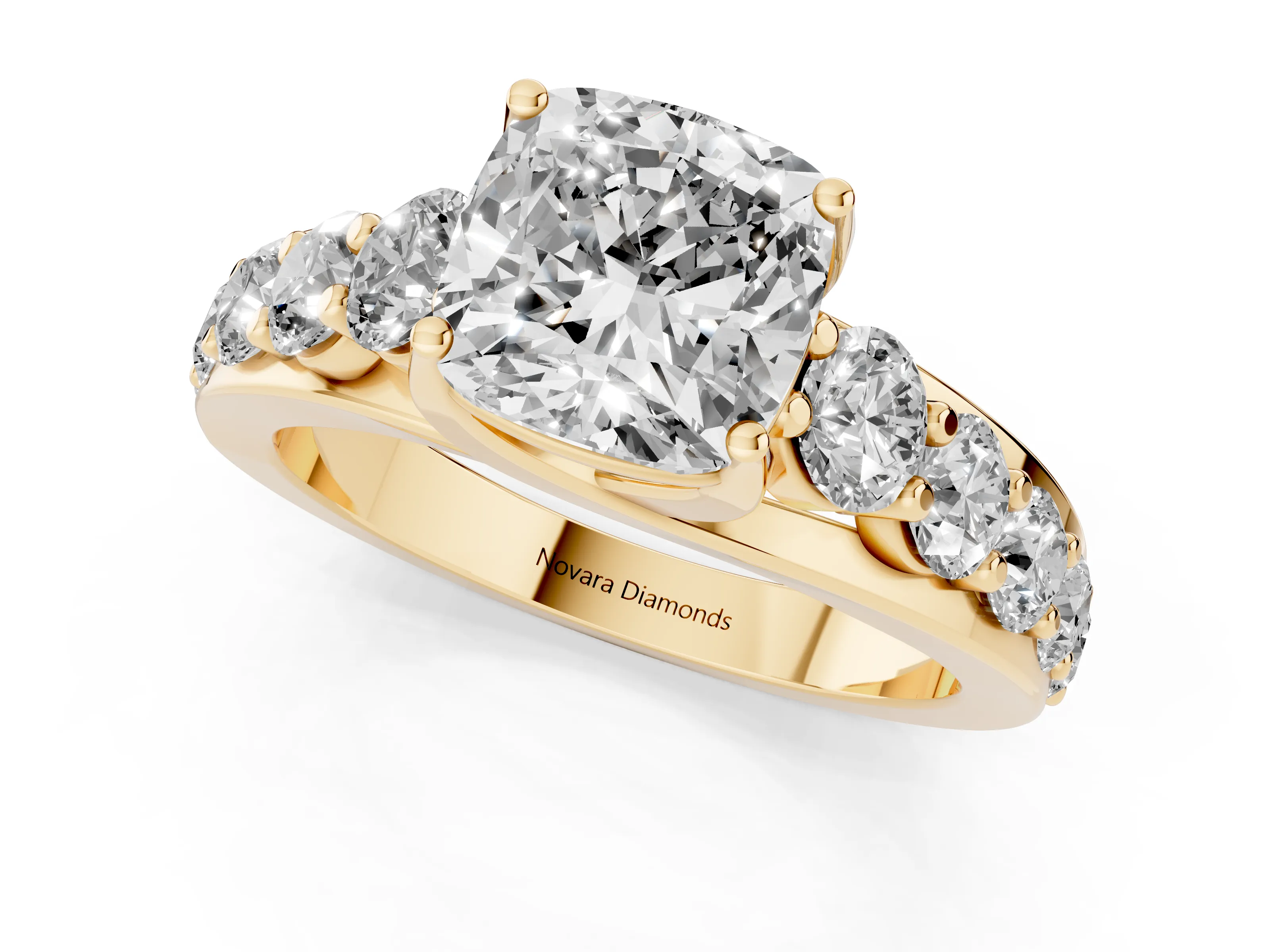 Cushion Cut Diamond Pavé Engagement Ring Set in Yellow gold with Prong Setting
