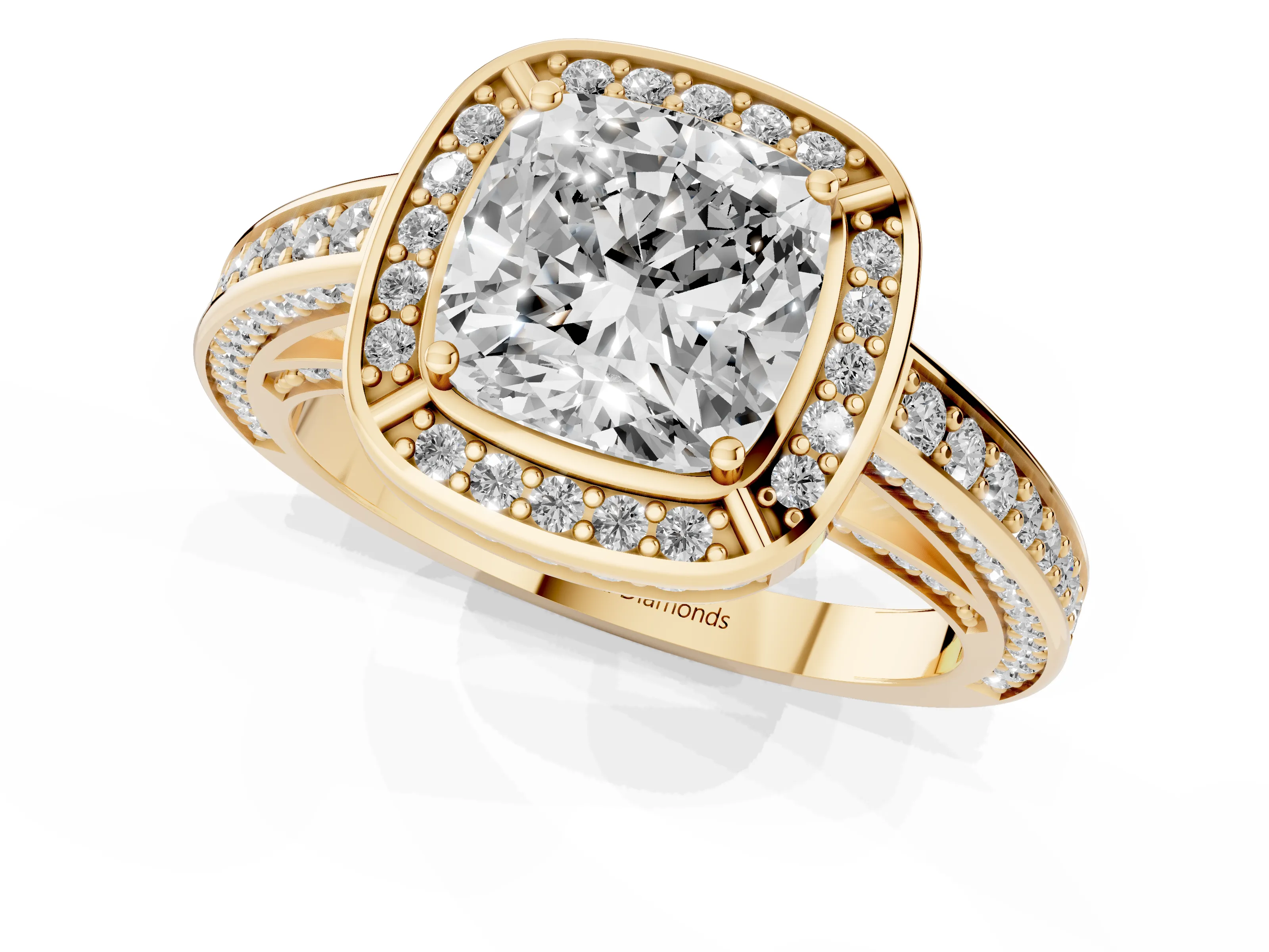 Cushion Cut Diamond Halo Pavé Split Shank Ring Set in Yellow gold with Prong Setting