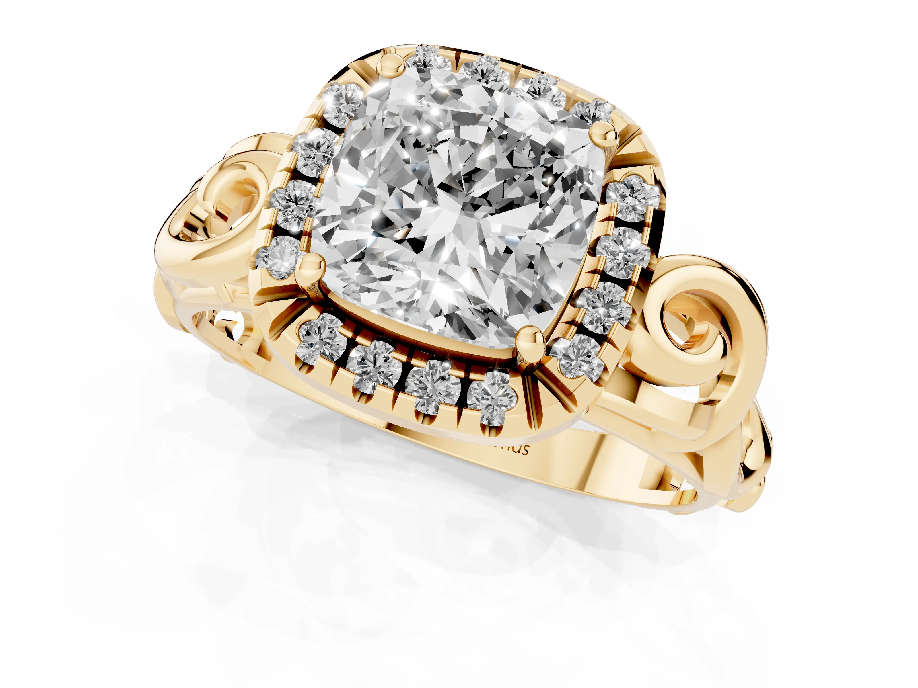 Cushion Cut Diamond Halo Ring Set in Yellow gold with Scrollwork Band and Prong Setting
